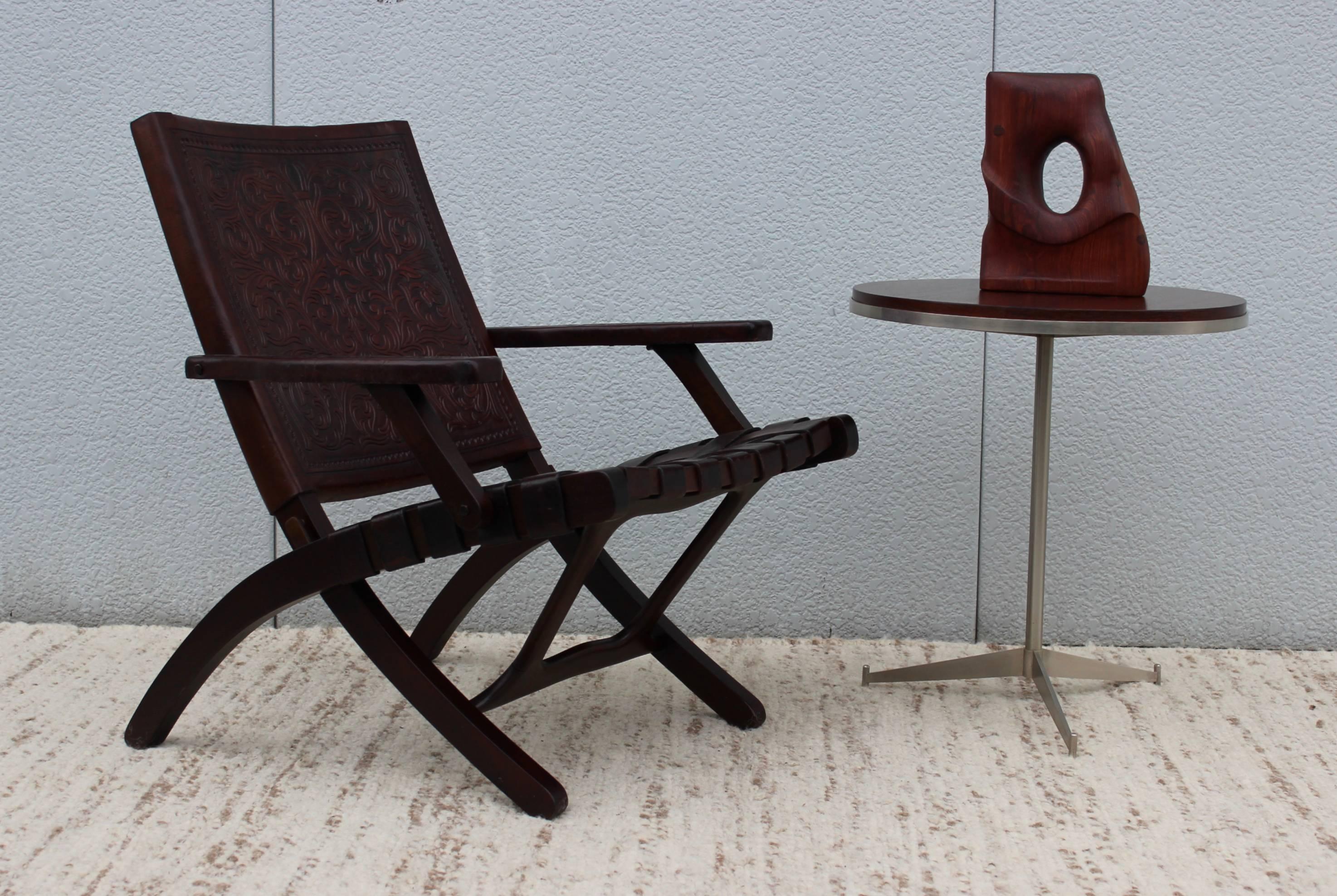 Mid-Century Modern 1940s Spanish Leather Folding Lounge Chair