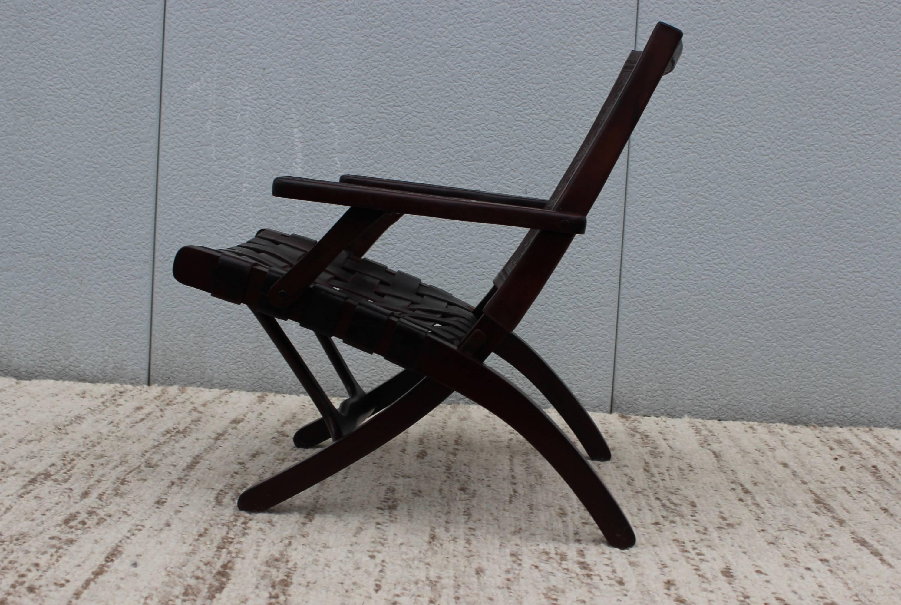 1940s Spanish Leather Folding Lounge Chair 2