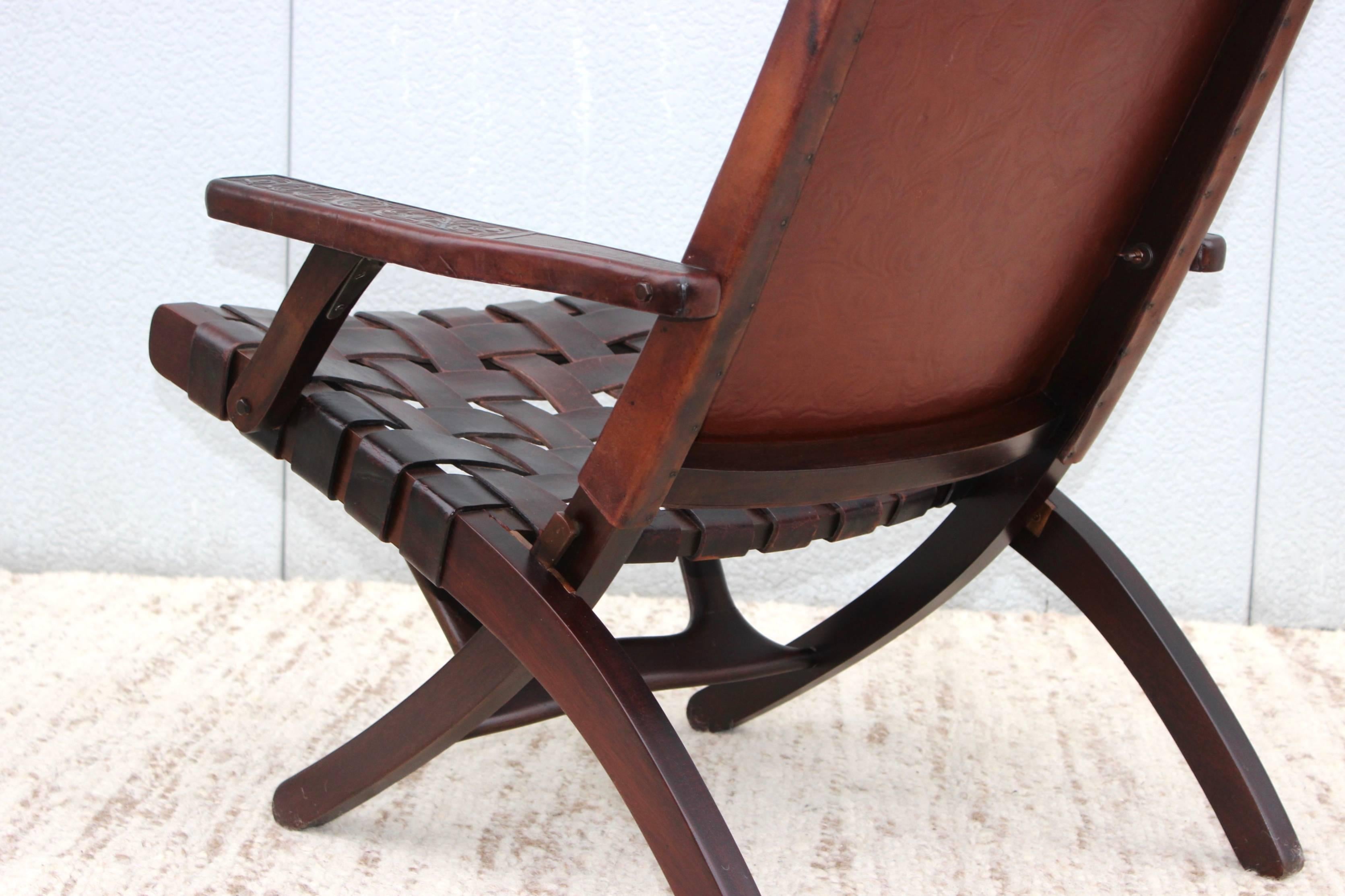 1940s Spanish Leather Folding Lounge Chair 3