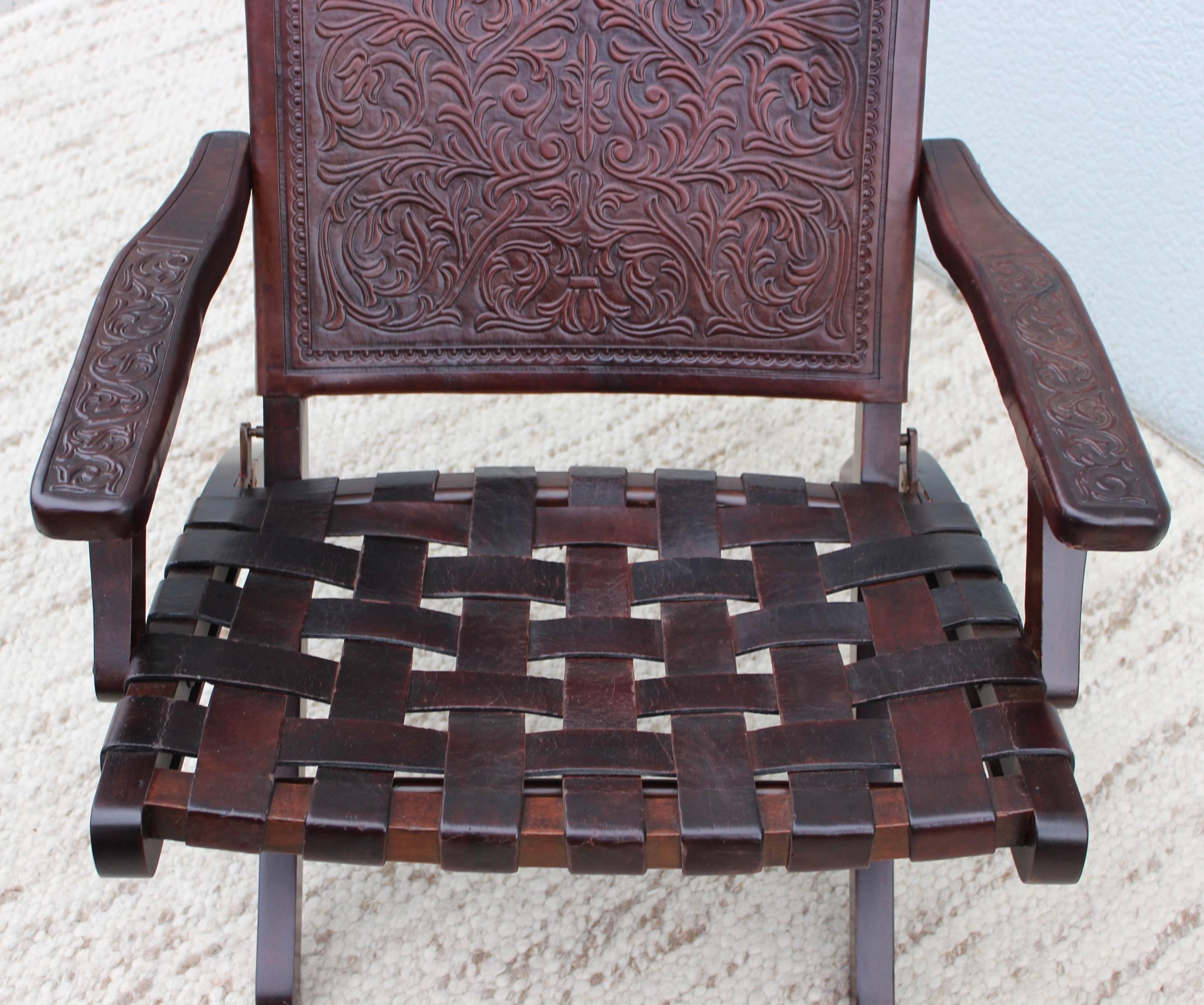 1940s Spanish Leather Folding Lounge Chair 4