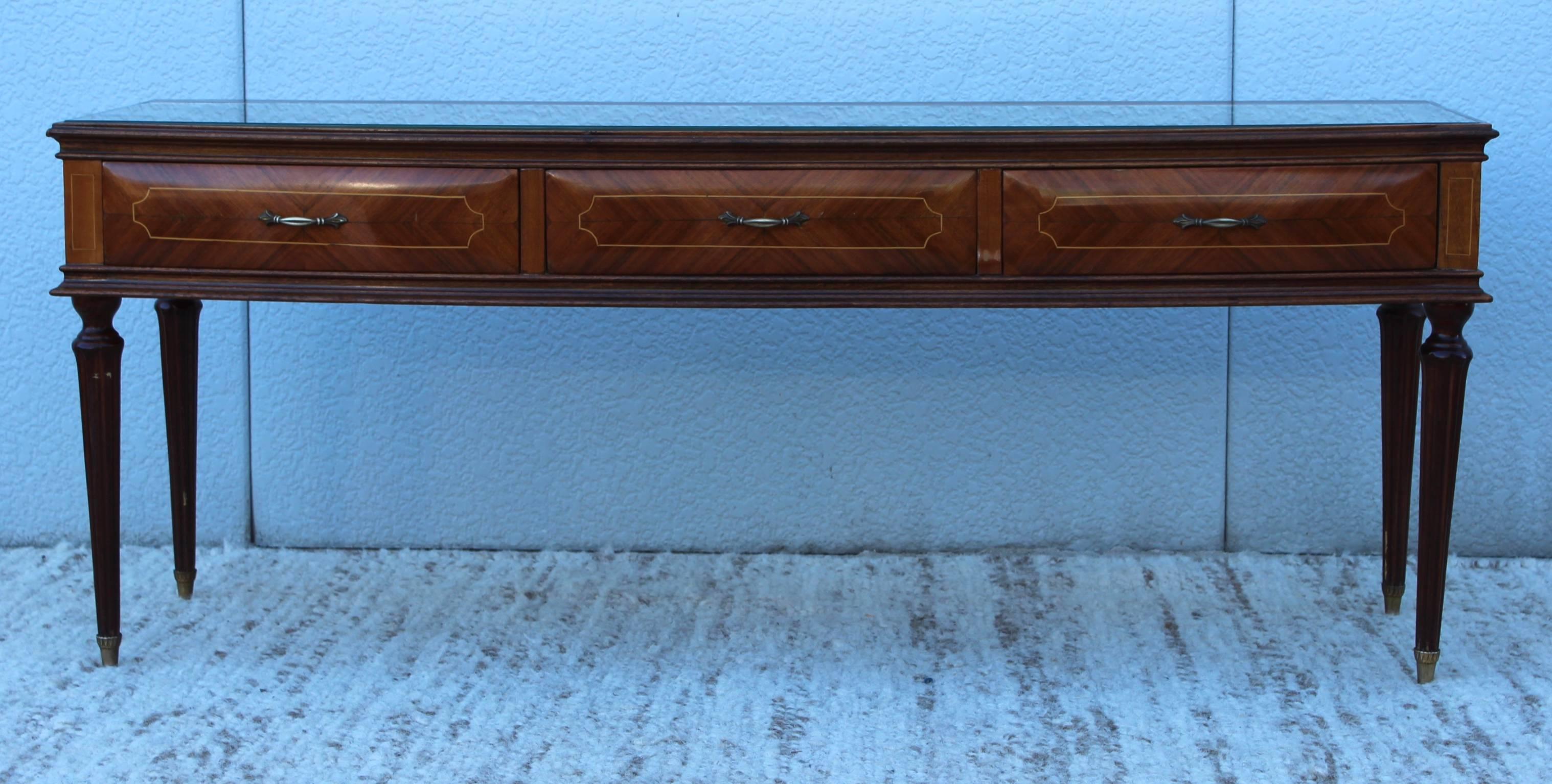 Stunning 1950 Lissone low console. With brass handles and sabots with inlay detail.