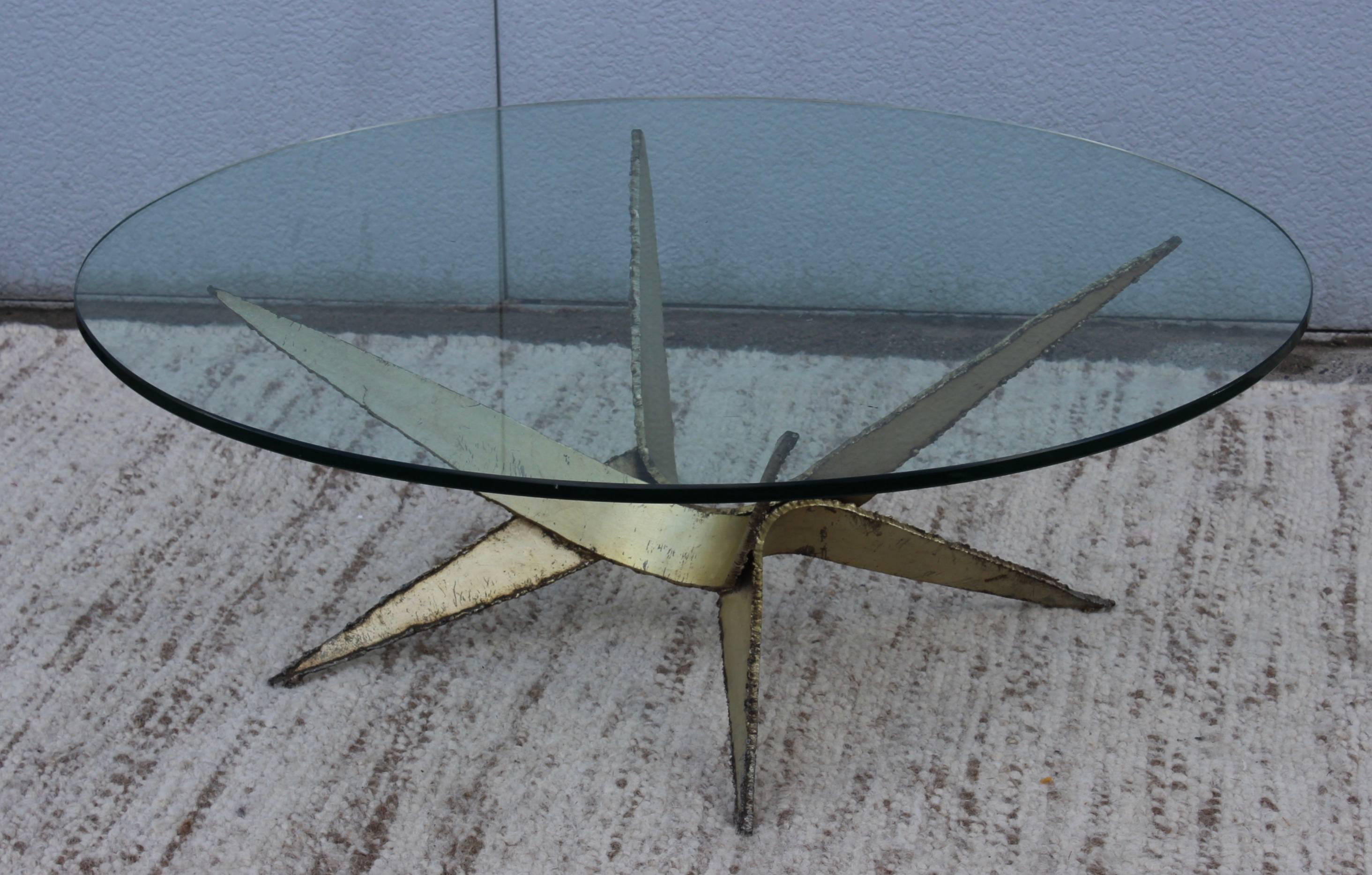 Stunning 1970s torch cut steel welded Brutalist coffee table from Mexico. With 1/2'' glass top.