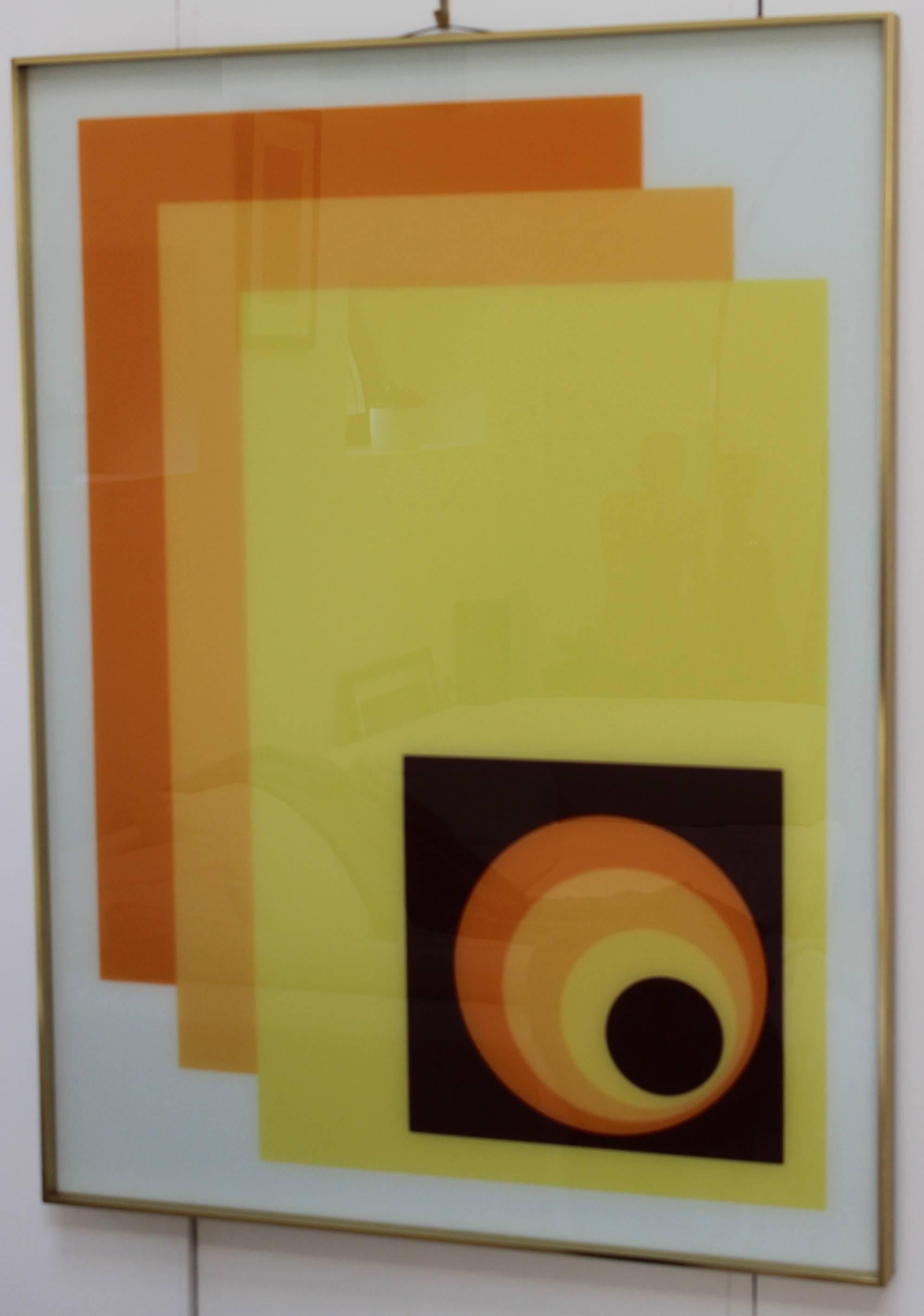 1970s modern Op wall art on glass by Turner with brass frame.

This piece can be hung vertically or horizontally.