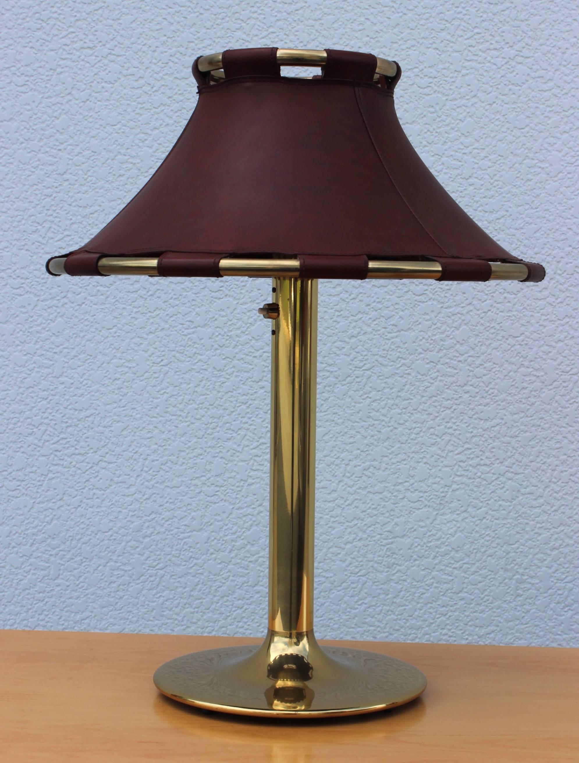 Stunning 1970s brass with leather shade table lamp designed by Anna Pendant for Ateljé Lyktan.