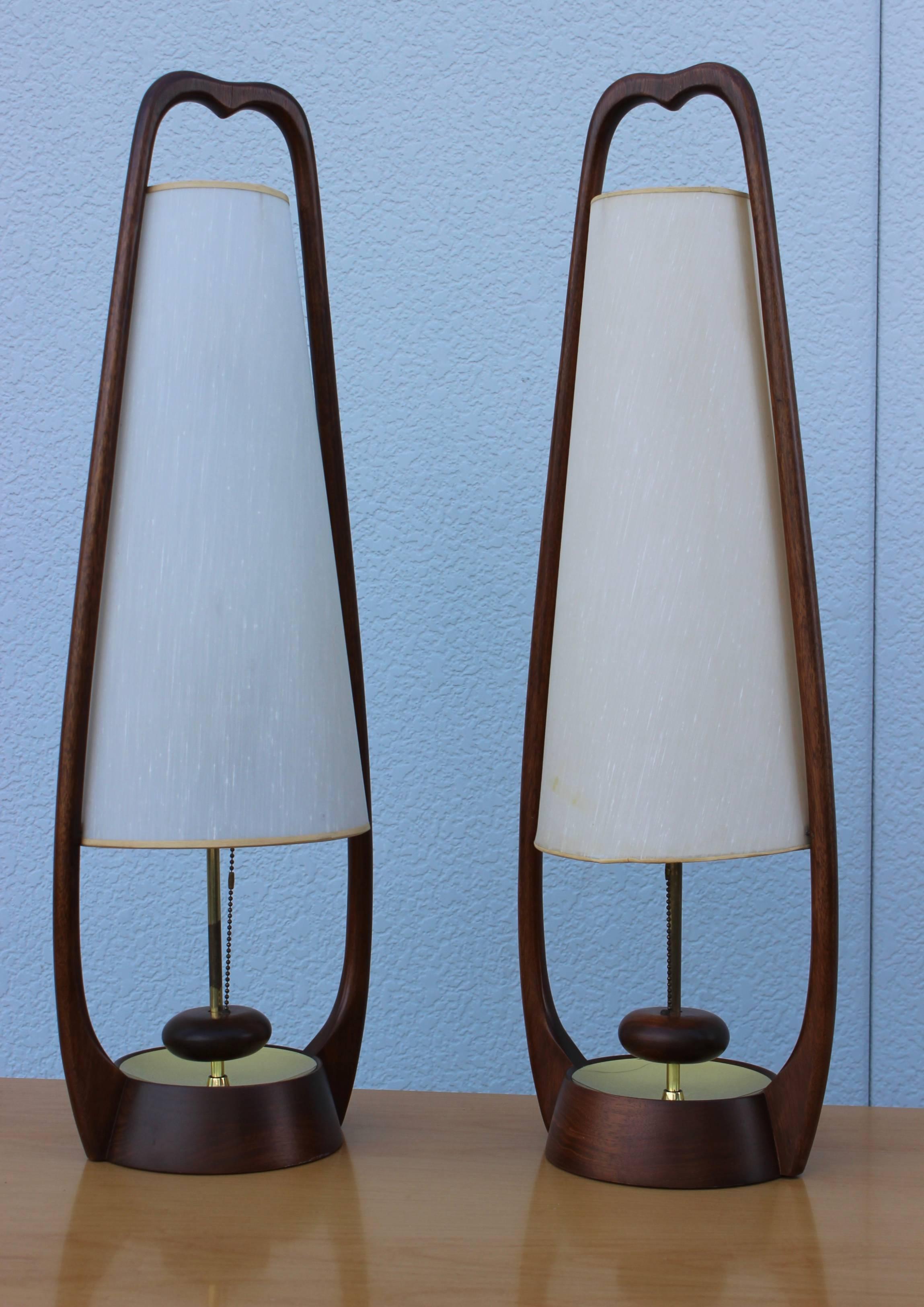 1960s modern walnut and brass table lamps with original fiberglass shades by Modeline.