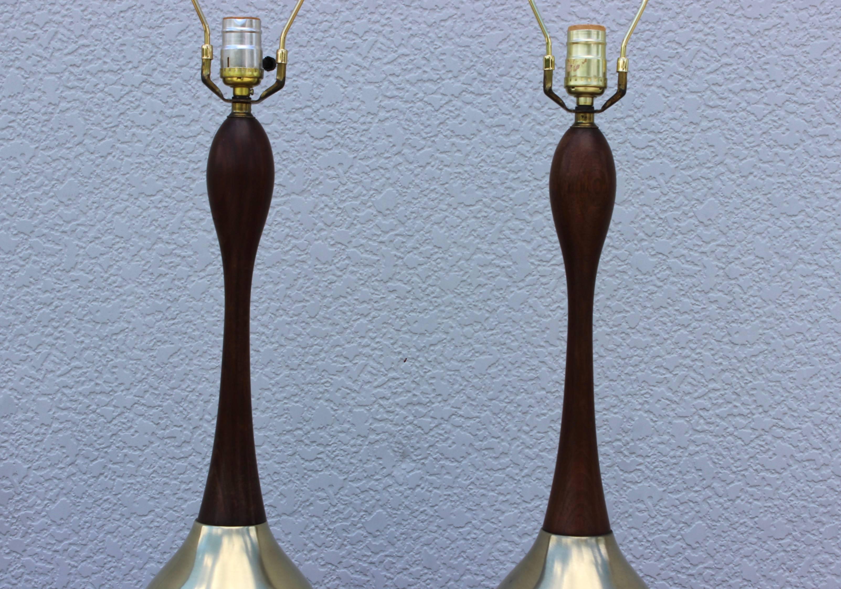 American Tony Paul Brass and Walnut Table Lamps