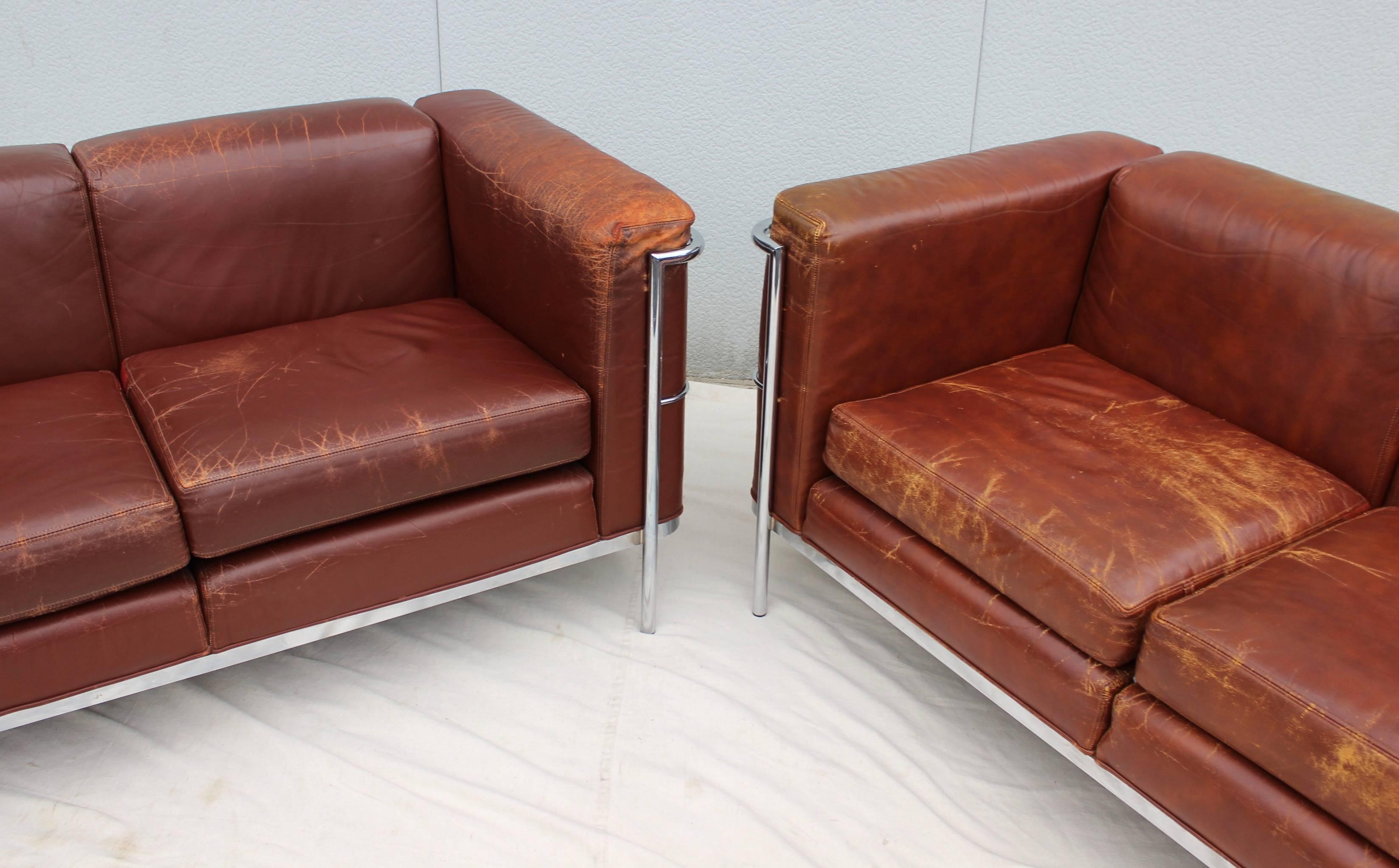 American Jack Cartwright Leather and Chrome Loveseats