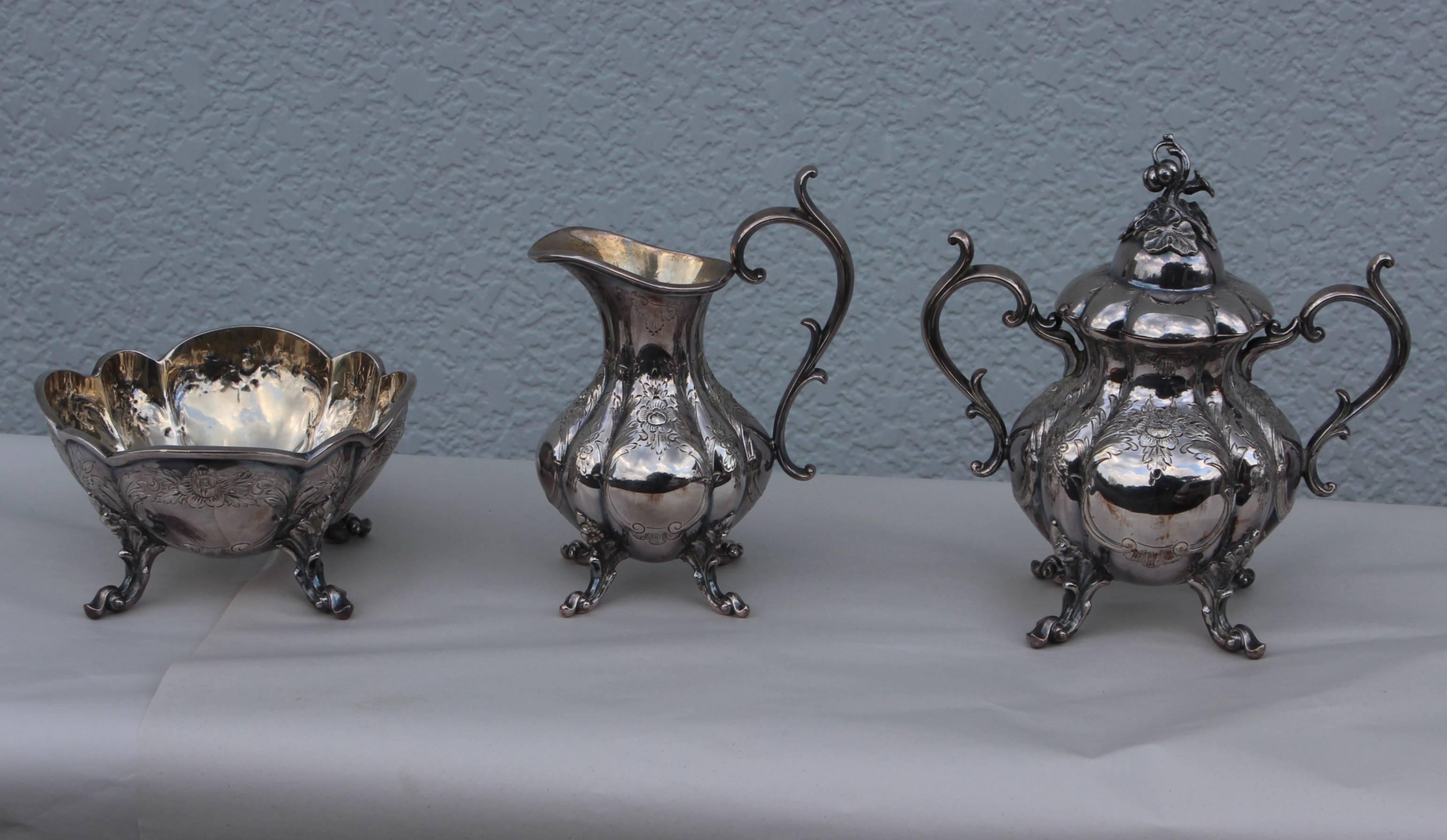 20th Century Reed & Barton Hand Chased Tea Set For Sale