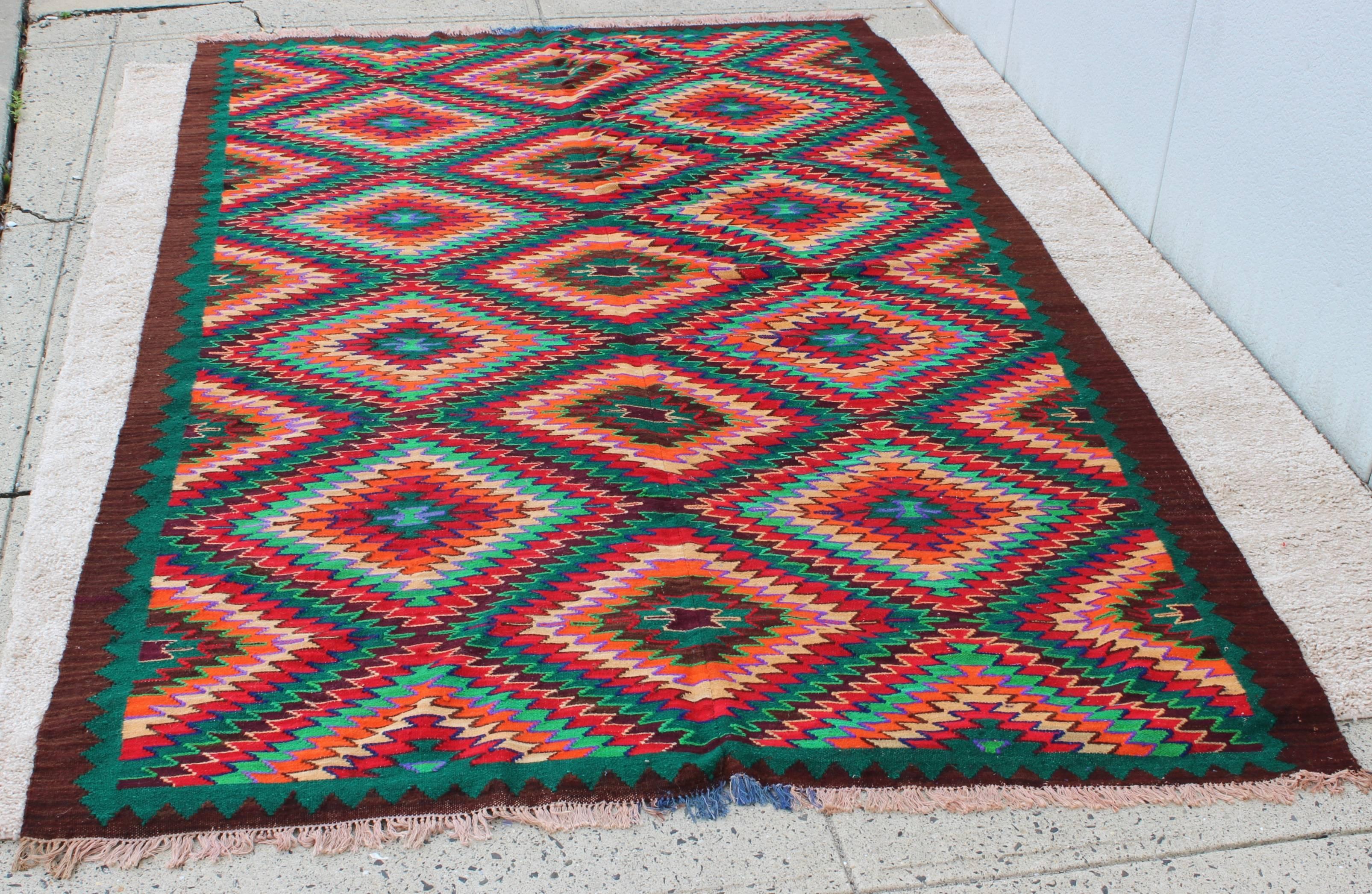 Stunning 1940s handwoven wool Navajo rug, with amazing detail and colors.