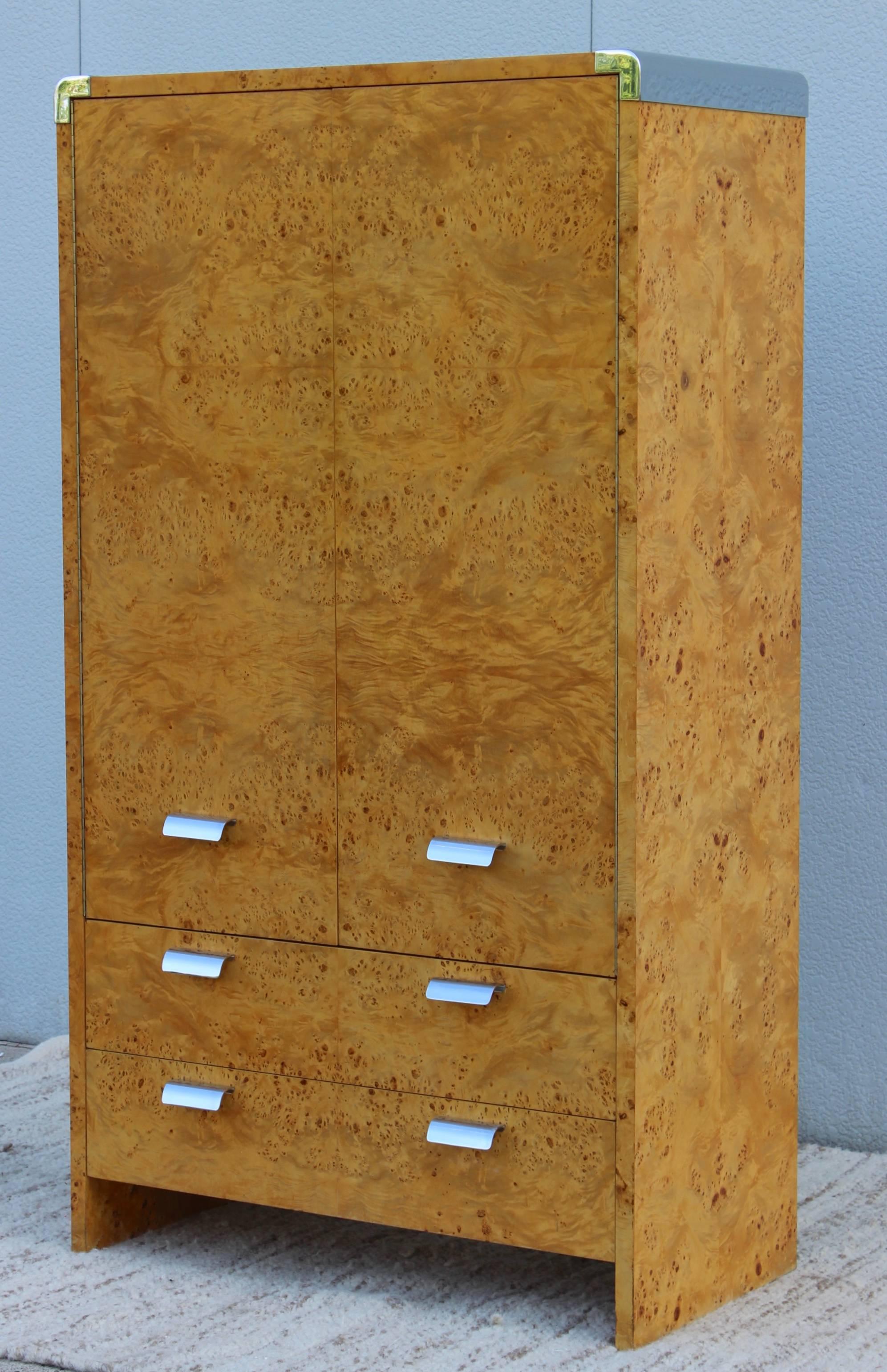 1970s Leon Rosen designed for Pace Collection chrome and burl wood armoire.