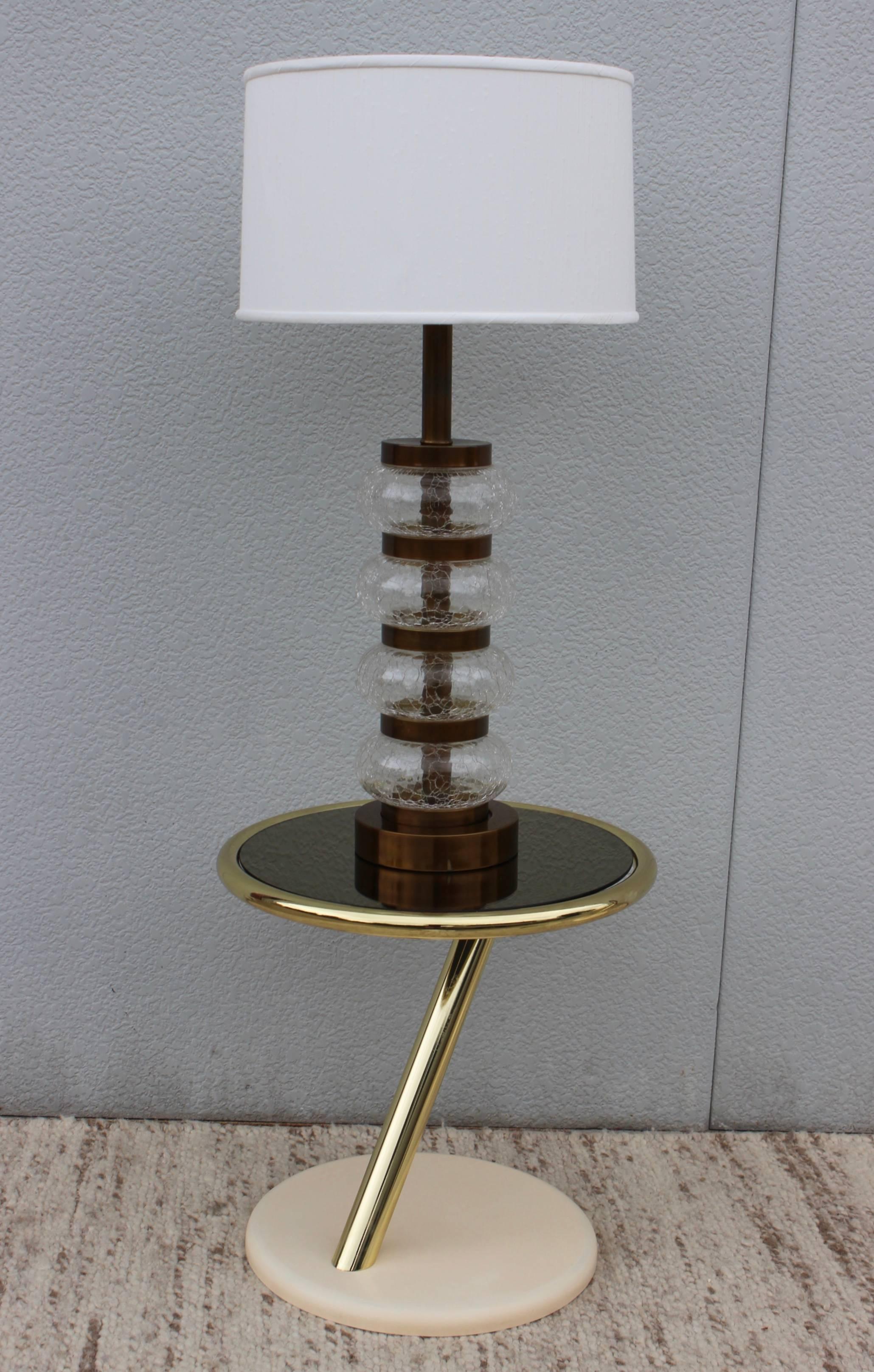 1950s crackled glass and brass with glass diffuser table lamp by Paul Hansen.

Shade for photography only.