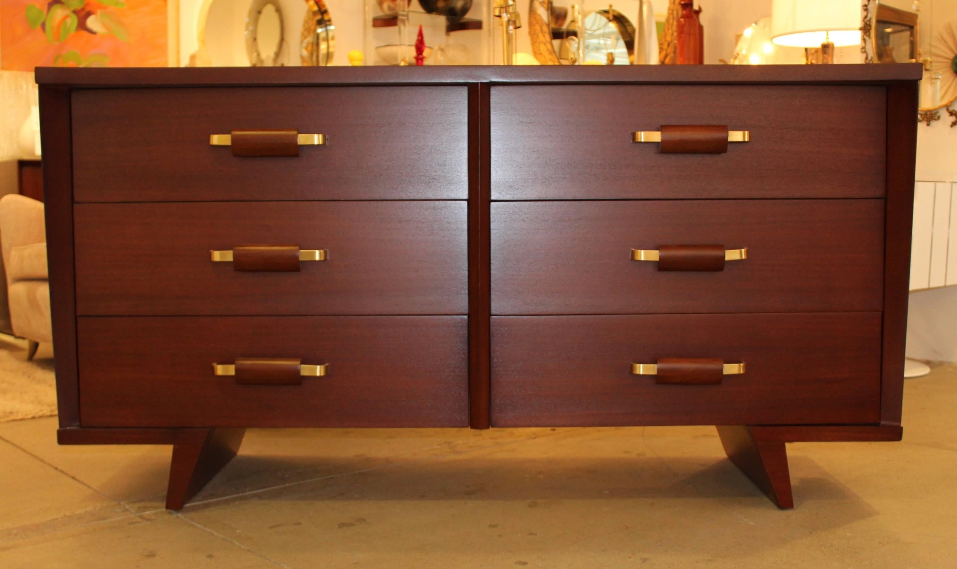 Stunning 1960s, modern curved front six-drawer walnut dresser. With brass and wood handles newly refinished.