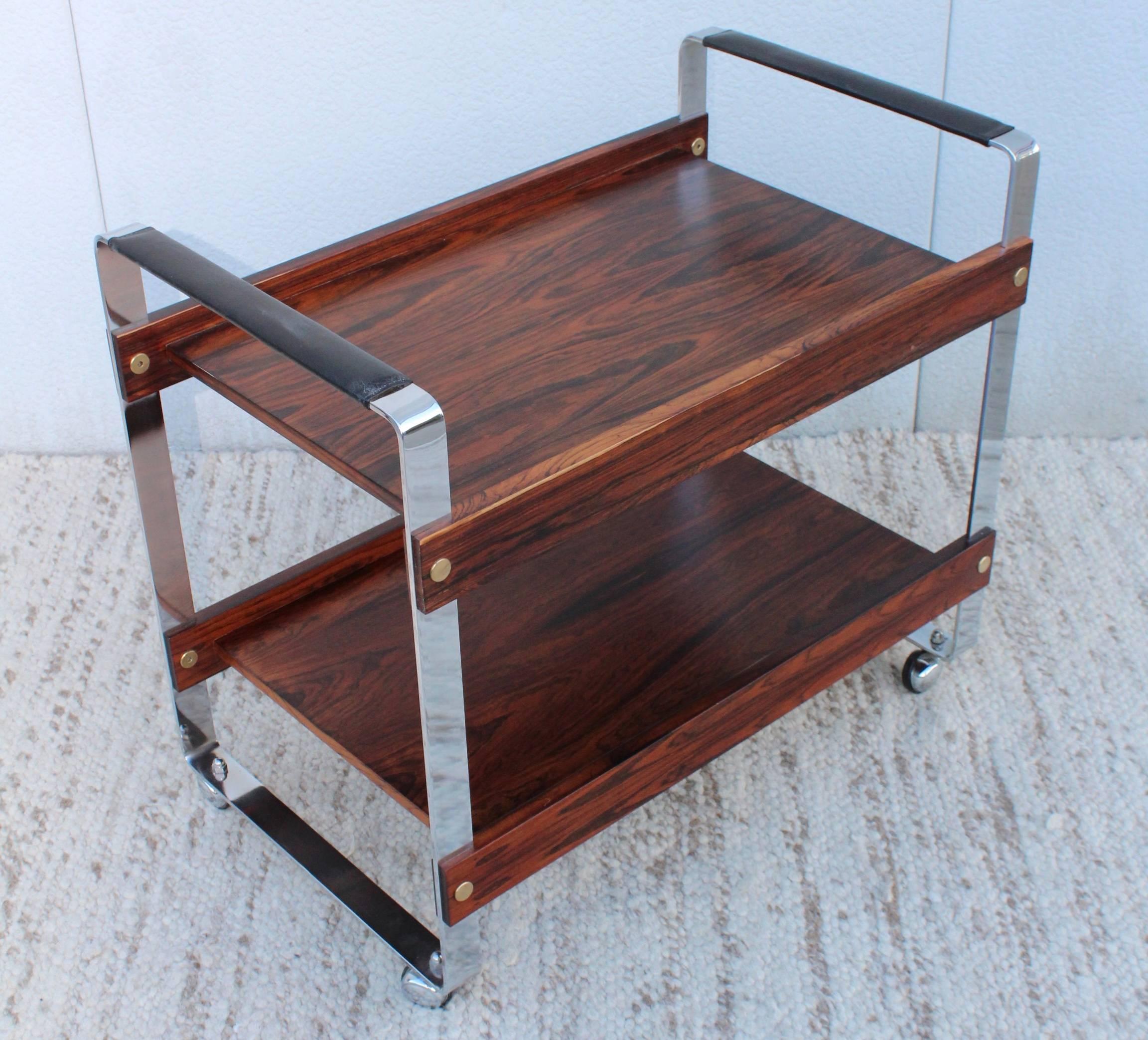 Rosewood and Chrome Brazilian Bar Cart In Good Condition In New York, NY