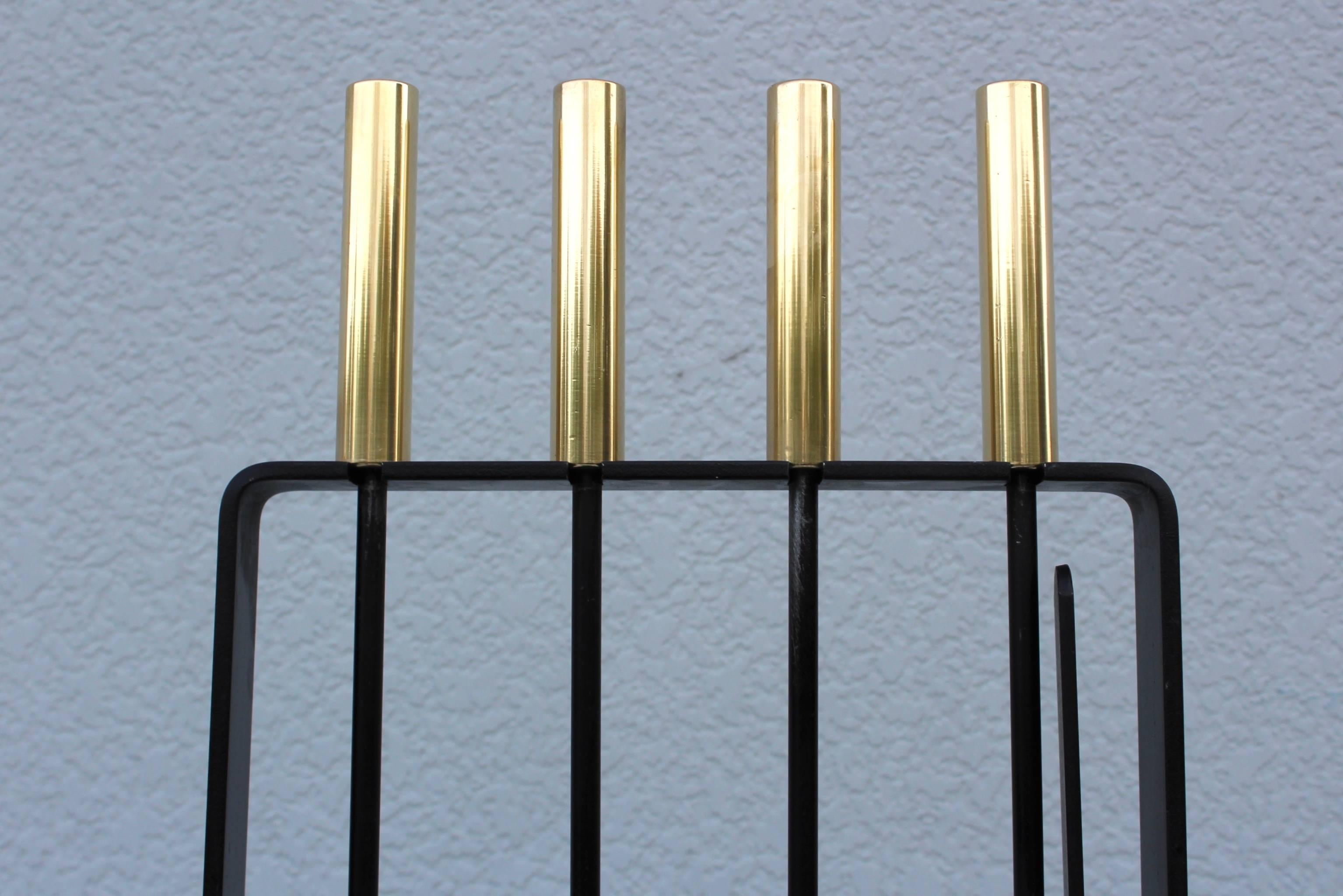 Mid-Century Modern 1960s Modernist Brass and Iron Fireplace Tools by Pilgrim