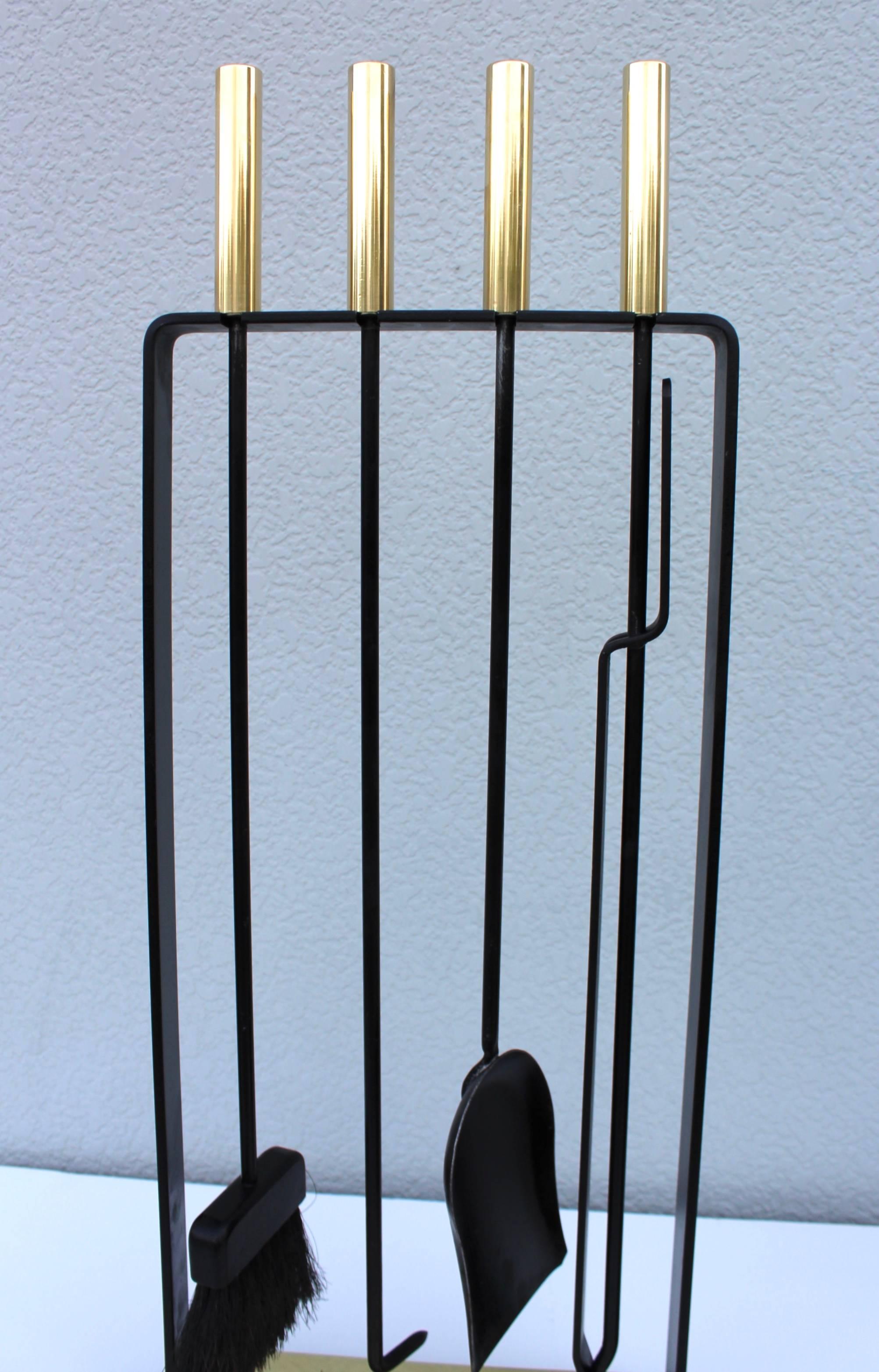 American 1960s Modernist Brass and Iron Fireplace Tools by Pilgrim