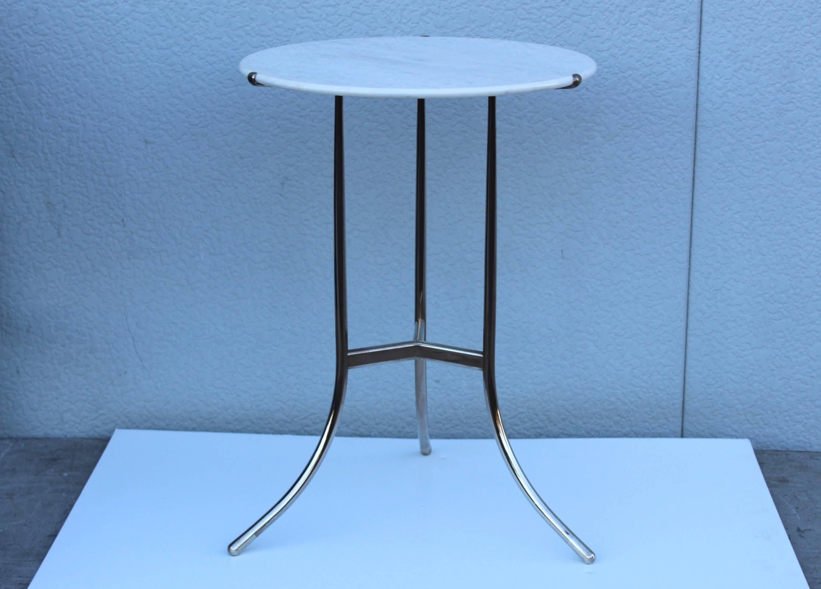 1970s Cedric Hartman side table with Carrara marble top and nickel-plated base.
