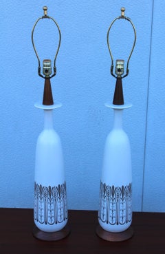 1960s Modern Ceramic and Walnut Italian Table Lamps