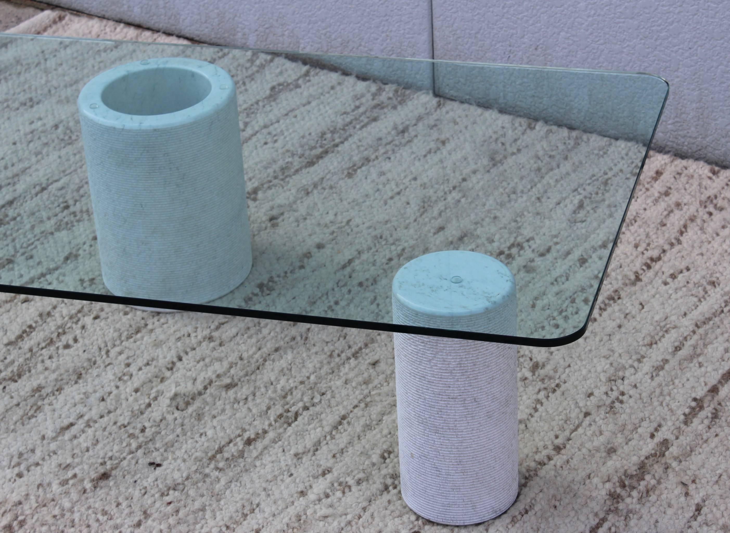 20th Century Modernist Carrara Marble with Glass Top Italian Coffee Table