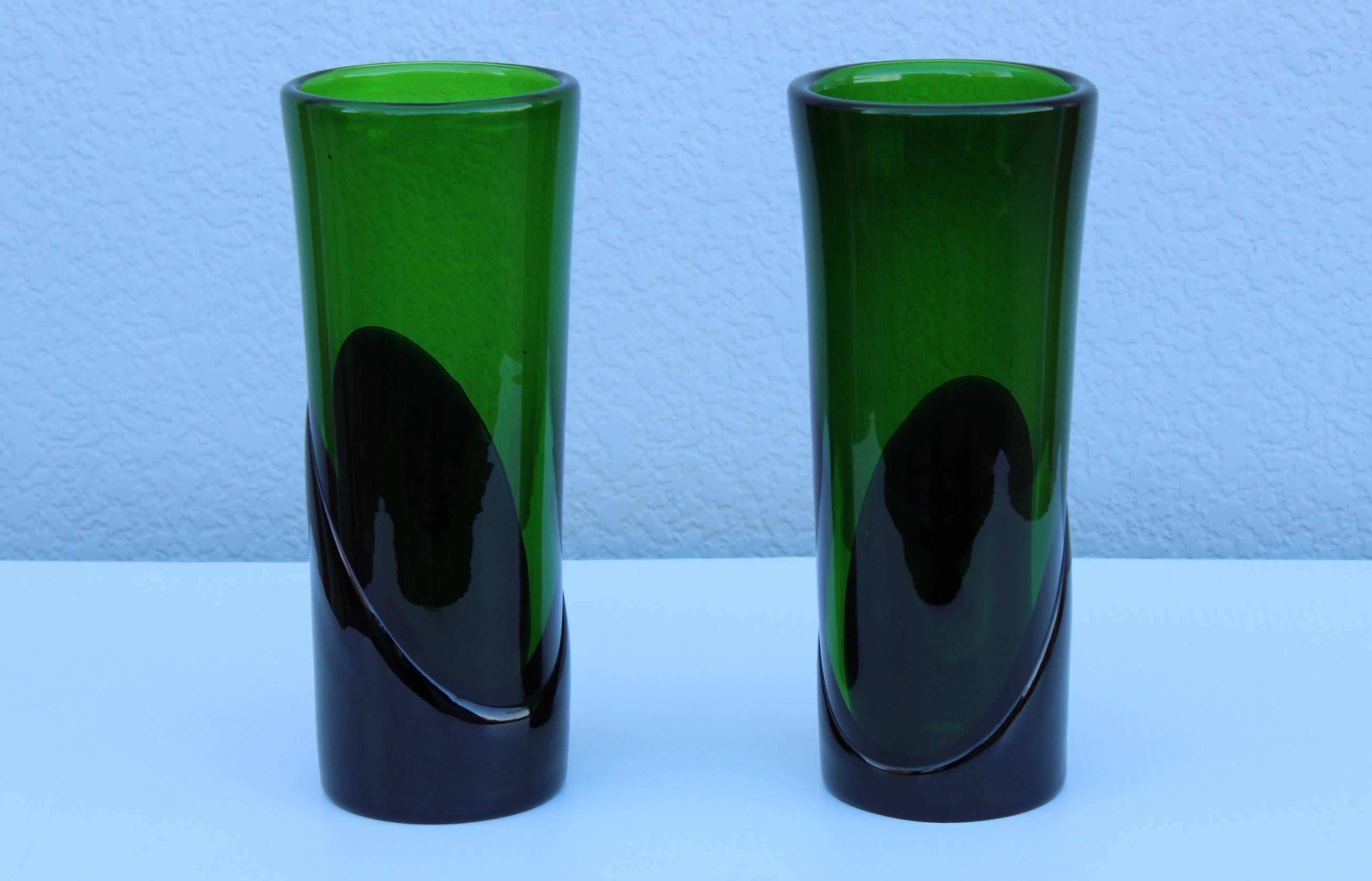 1950s very heavy art glass Italian green vases.