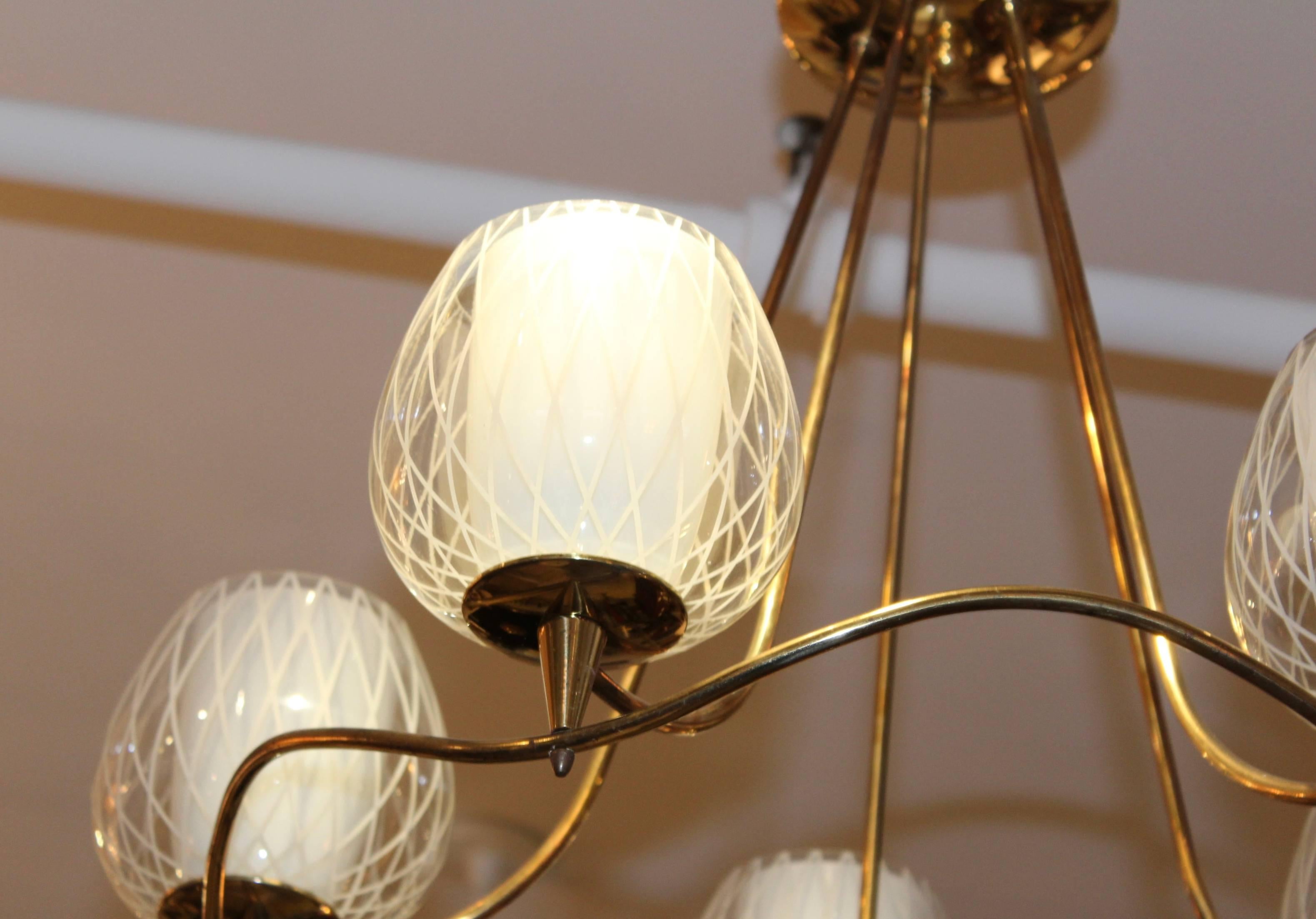 Mid-Century Modern Lightolier Brass and Glass Chandelier