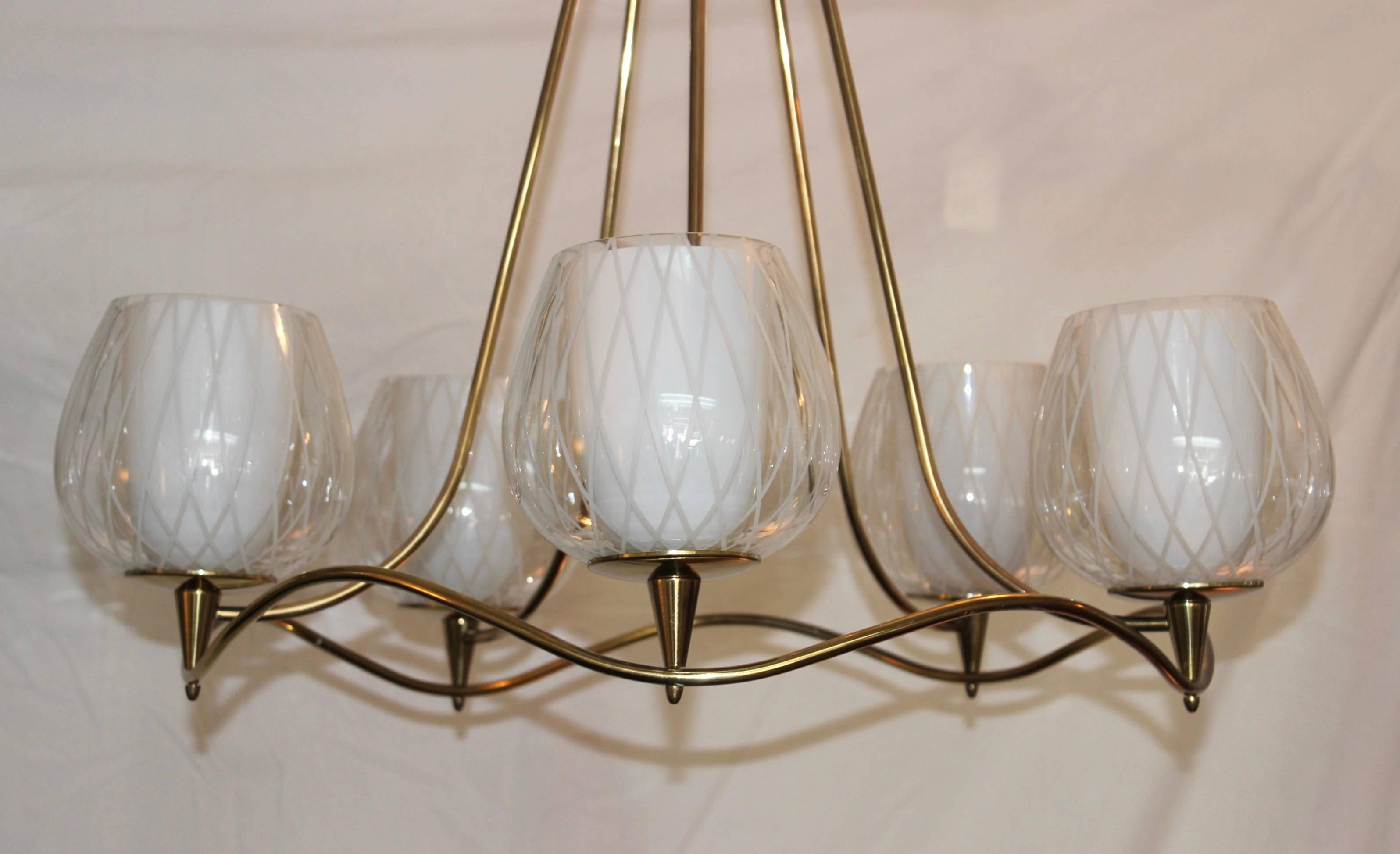 Lightolier Brass and Glass Chandelier 1