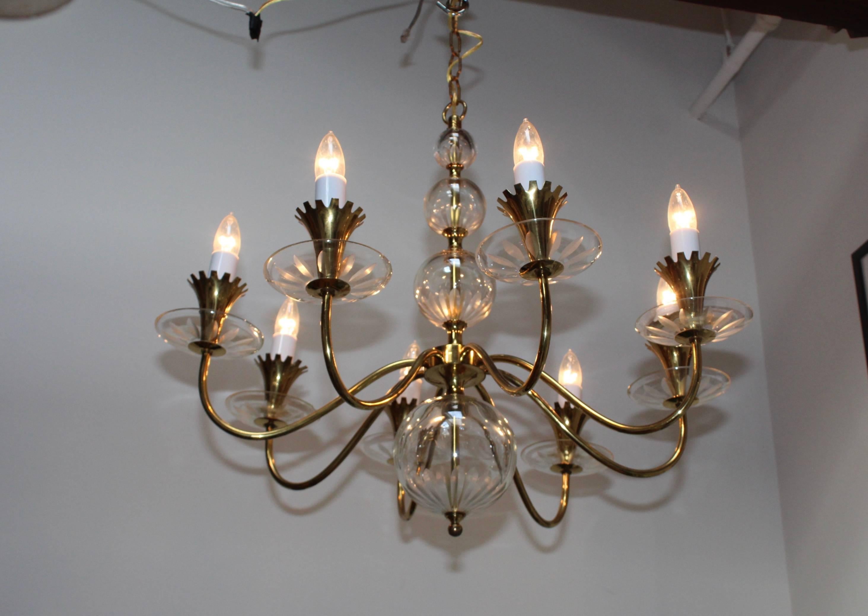 1950s brass with etched glass eight-arm chandelier by Lightolier.