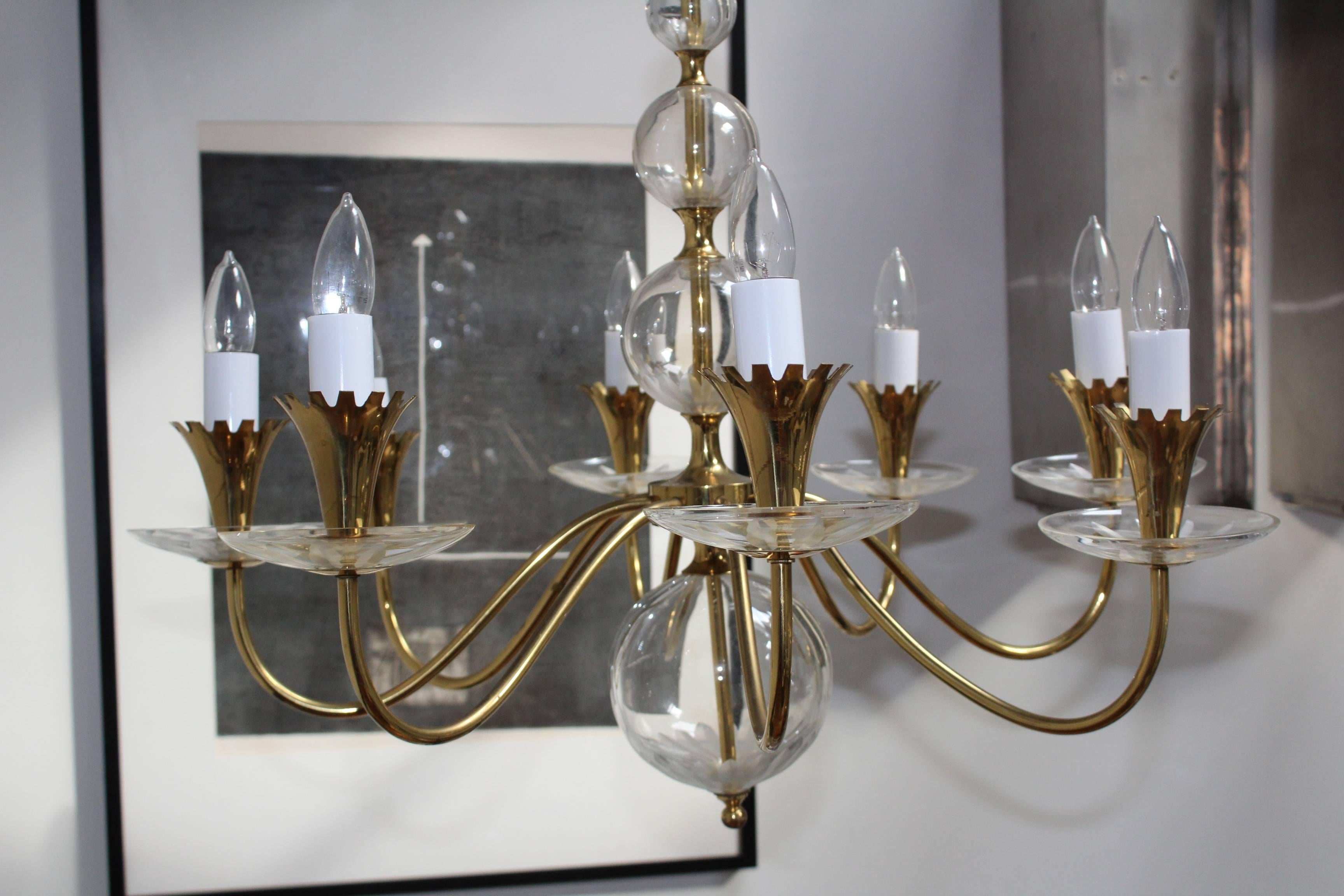 1950s Brass and Etched Glass Chandelier by Lightolier 1