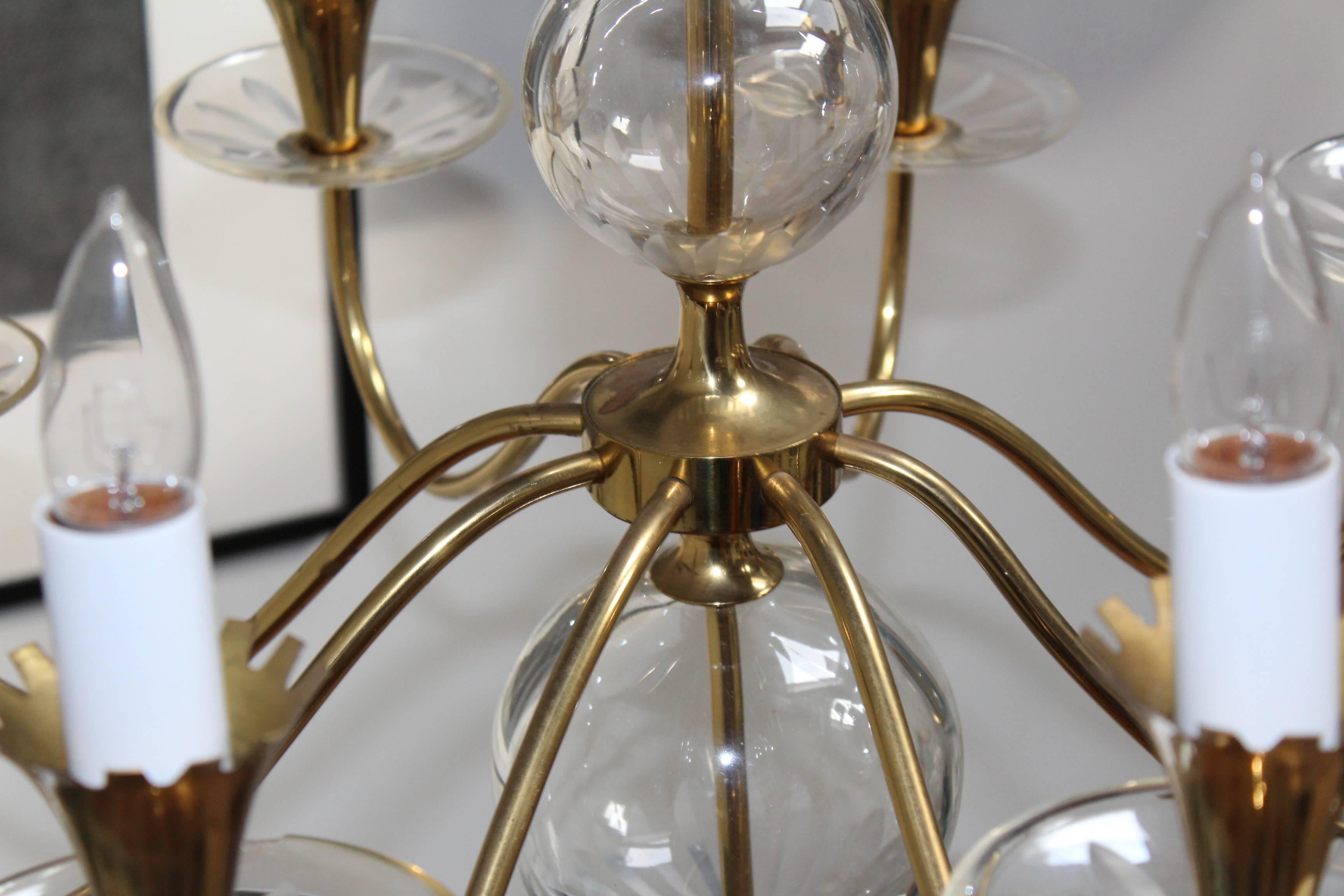 1950s Brass and Etched Glass Chandelier by Lightolier 2