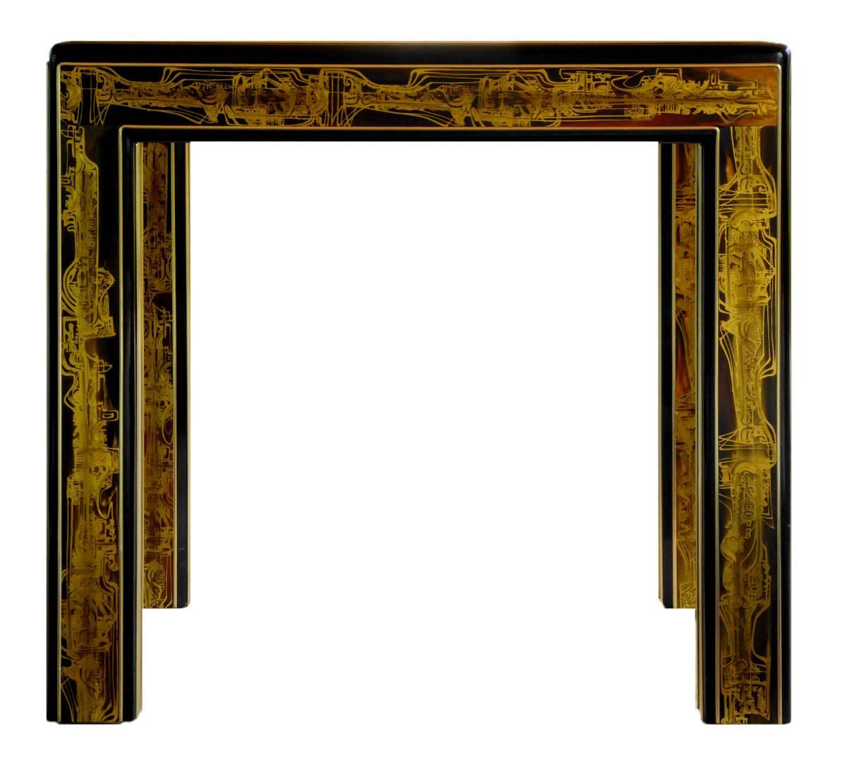 Chinoiserie Rare Acid Etched Brass End Table by Bernhard Rohne