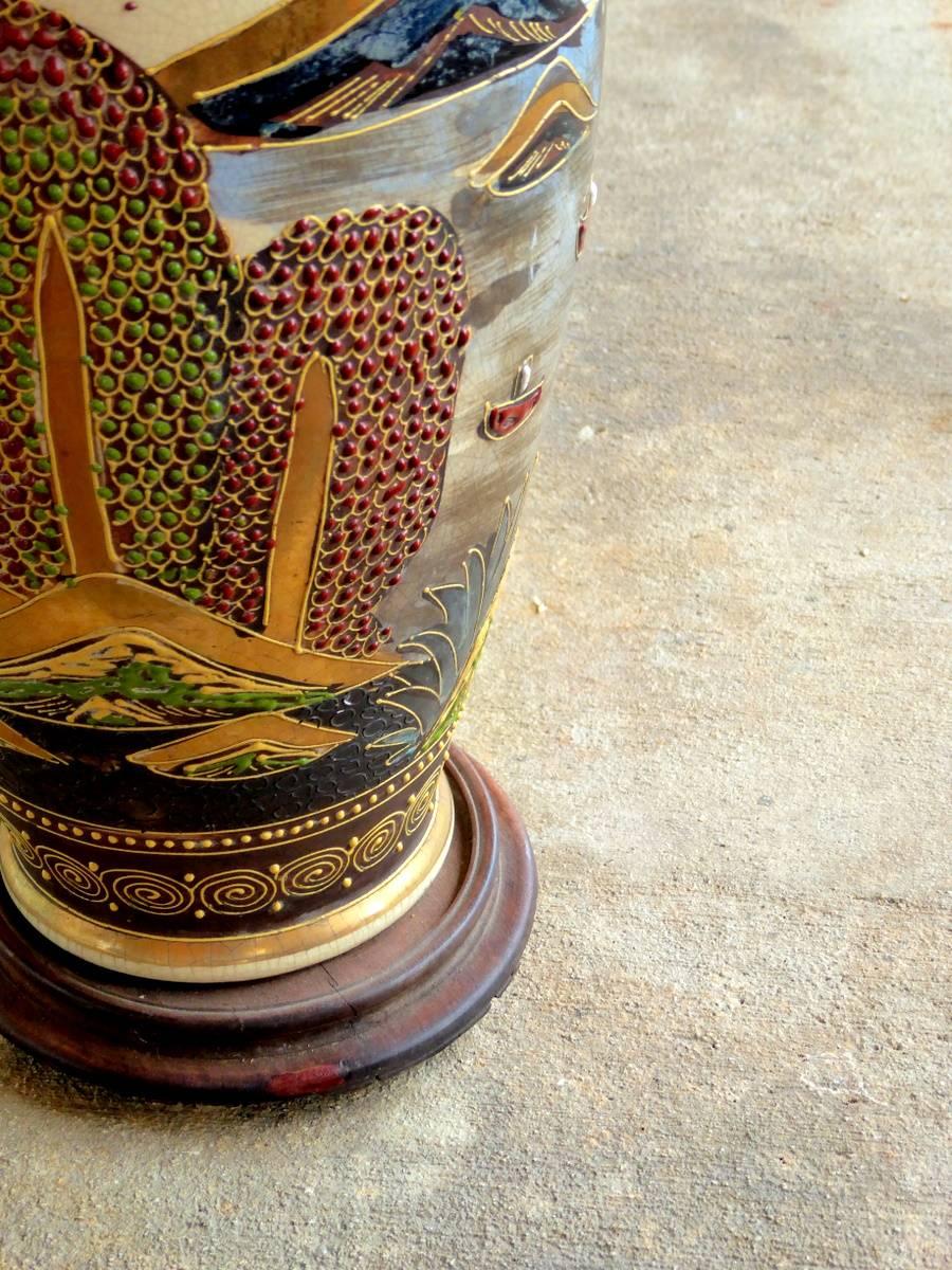 A Japanese Satsuma vase, possibly Meiji period, converted to a gorgeous table lamp. Relief decoration, with painted, enameled, and gilt scenes.

A few important notes about all items available through this 1stdibs dealer:

1. We list all our items