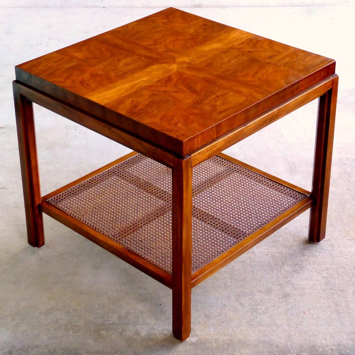 A lovely Consensus side table by Drexel in walnut with parquetry top and caned shelf. Marvelously well preserved.

A few important notes about all items available through this 1stdibs dealer:

1. We list all our items as being in 