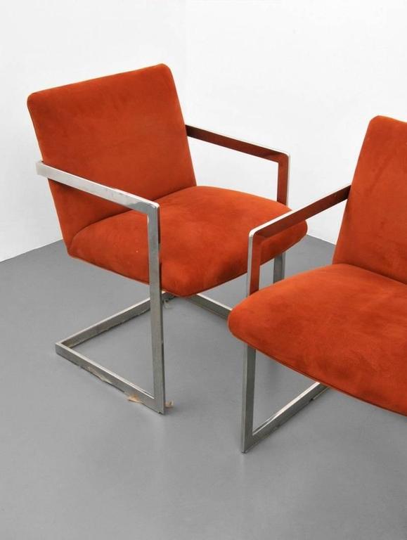 A set of four cantilevered armchairs by Milo Baughman for Thayer Coggin. Upholstered in a lovely rust velvet. Chrome-plated steel frames polished to a mirror finish.

A few important notes about all items available through this 1stdibs dealer:

1.