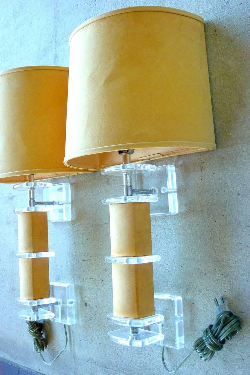 Rare Pair of Lucite and Faux Suede Sconces In Good Condition For Sale In Palm Beach Gardens, FL
