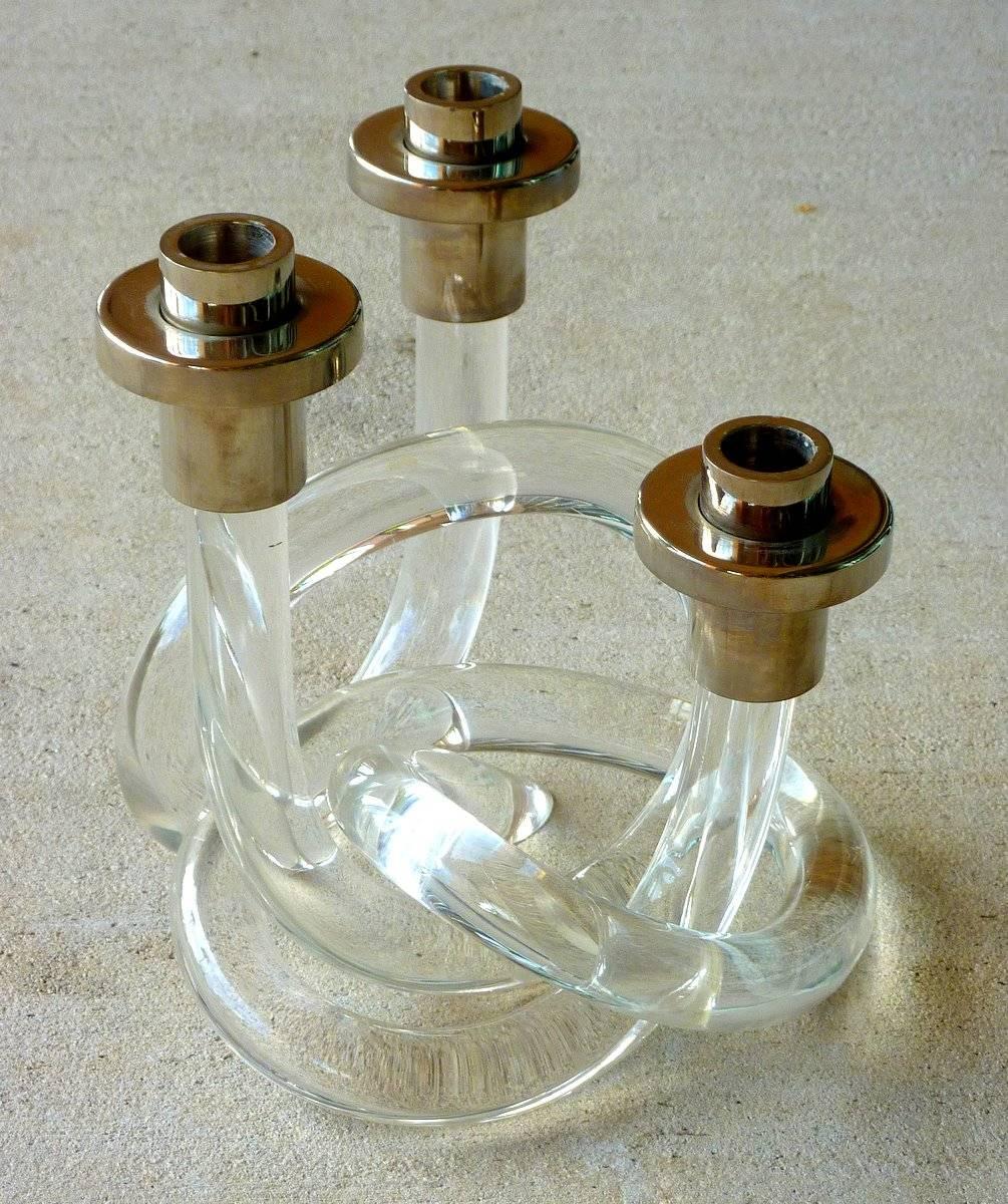 Plated Lucite Pretzel Candelabra by Dorothy Thorpe For Sale