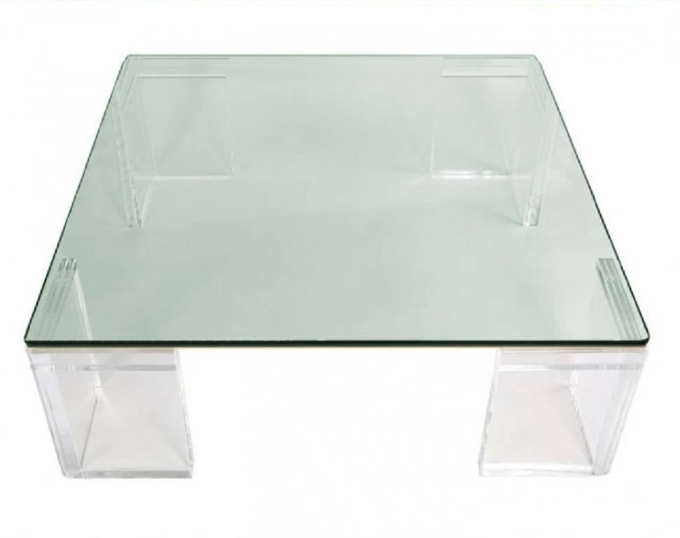 A sparkling cocktail table by Leon Frost for Lion in Frost with a substantial, infinitely adjustable Lucite base and thick glass top. Signed.

We have an extensive selection of vintage Lucite. If you are looking for a special piece or a specific