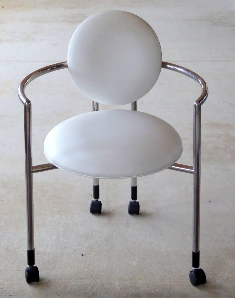 A stunningly elegant Moon desk chair by Stanley Jay Friedman for Brueton in pure white and chrome-plated steel polished to a mirror finish.

UPDATE: Please note this item is no longer on wheels.

A few important notes about all items available