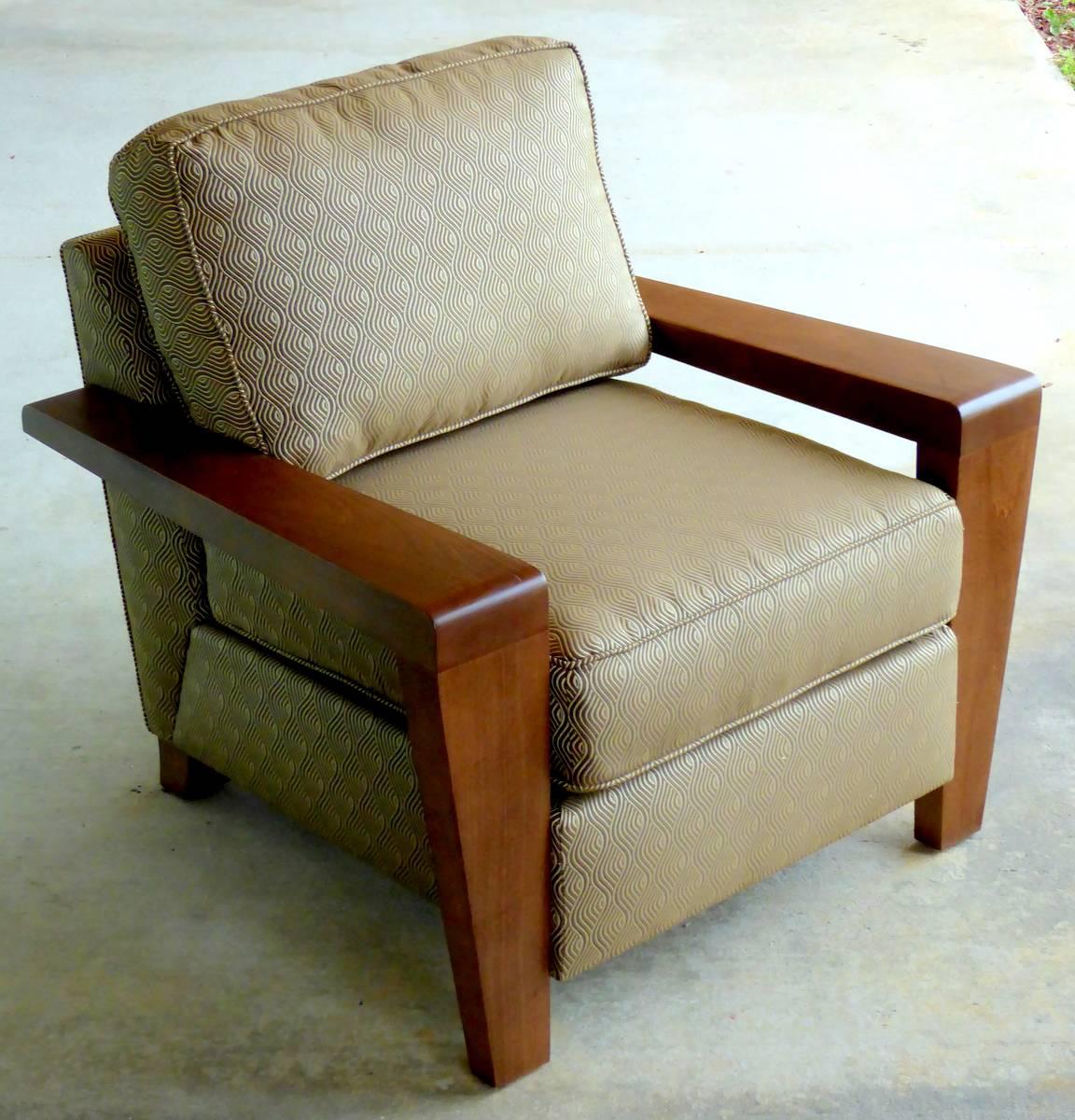 The arms become legs in an extraordinary dual-taper design on this rare Jackson upholstered lounge chair by Thayer Coggin. Pure quality, comfort, and style.

We happen to have an extra set of cushions, a pair of rear legs, and some spare fabric,