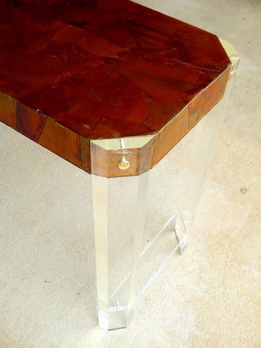 Paul Evans Style Lucite and Copper Console Table For Sale at 1stdibs