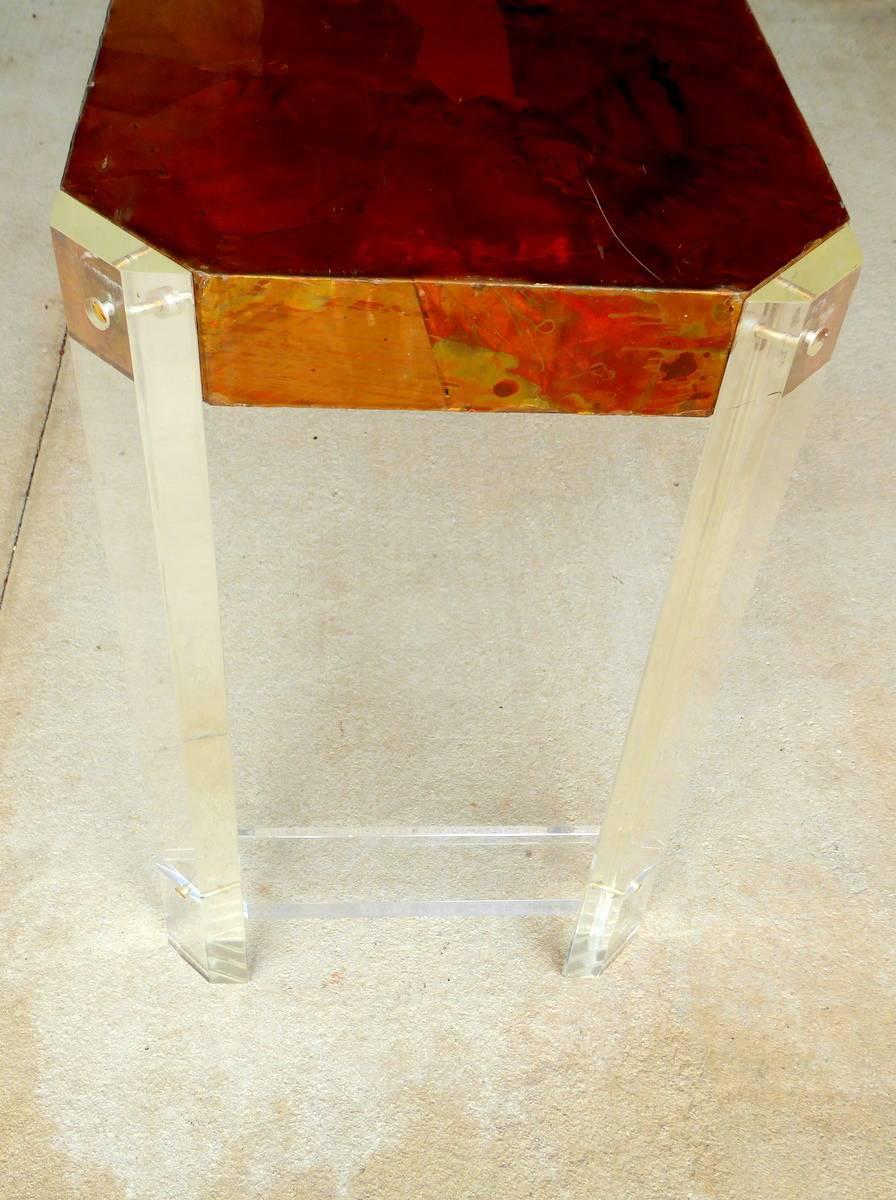 Paul Evans Style Lucite and Copper Console Table For Sale at 1stdibs
