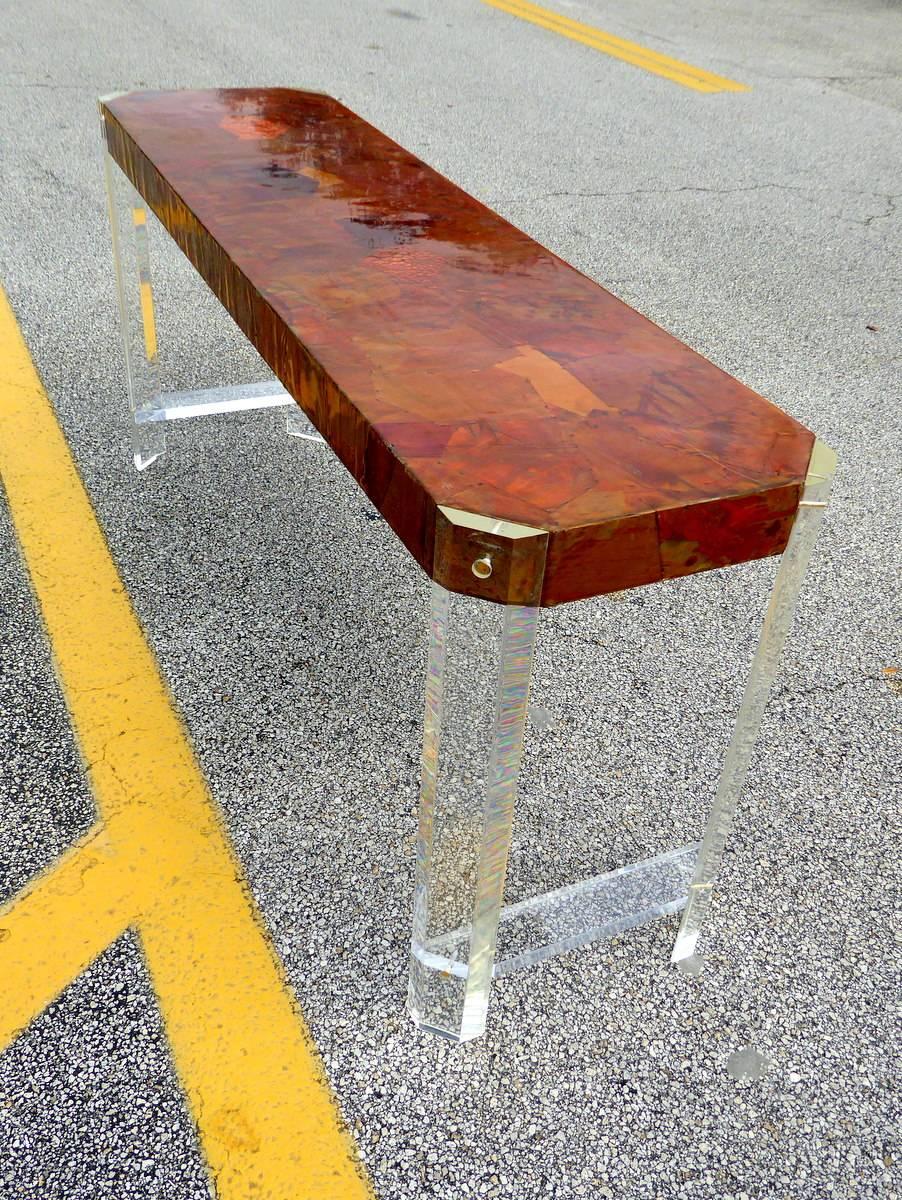 20th Century Paul Evans Style Lucite and Copper Console Table