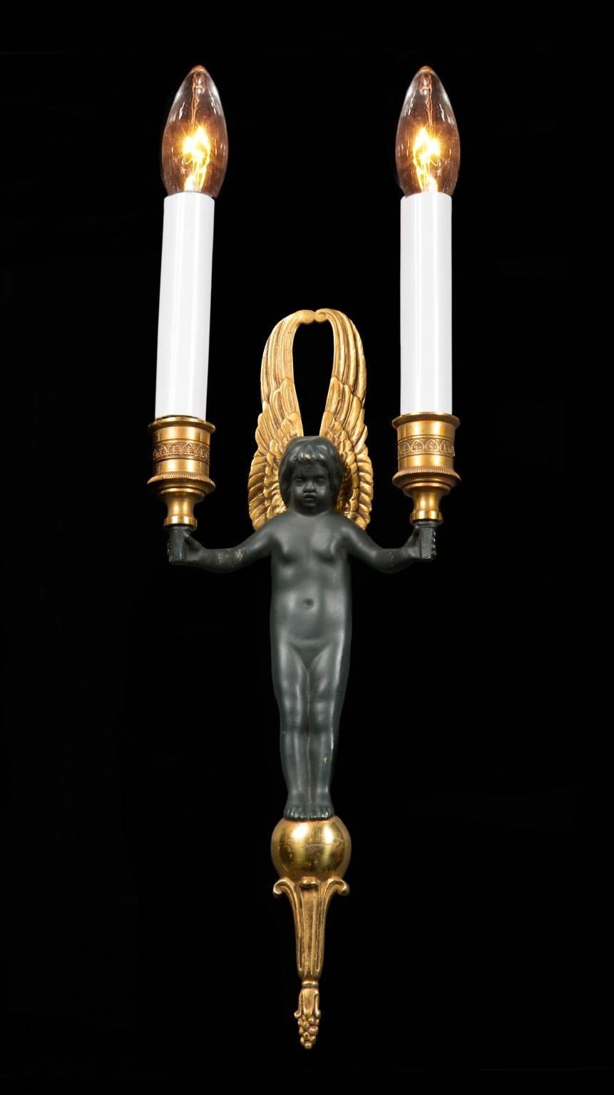 Italian Pair of Winged Putti Empire Sconces, French 20th Century For Sale