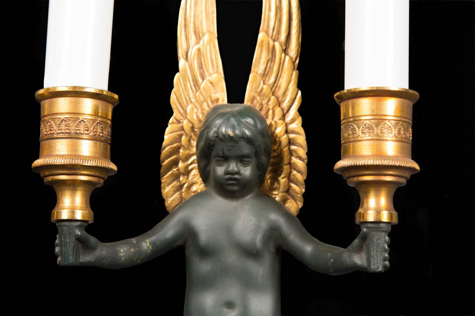 Pair of Winged Putti Empire Sconces, French 20th Century In Good Condition For Sale In New Orleans, LA