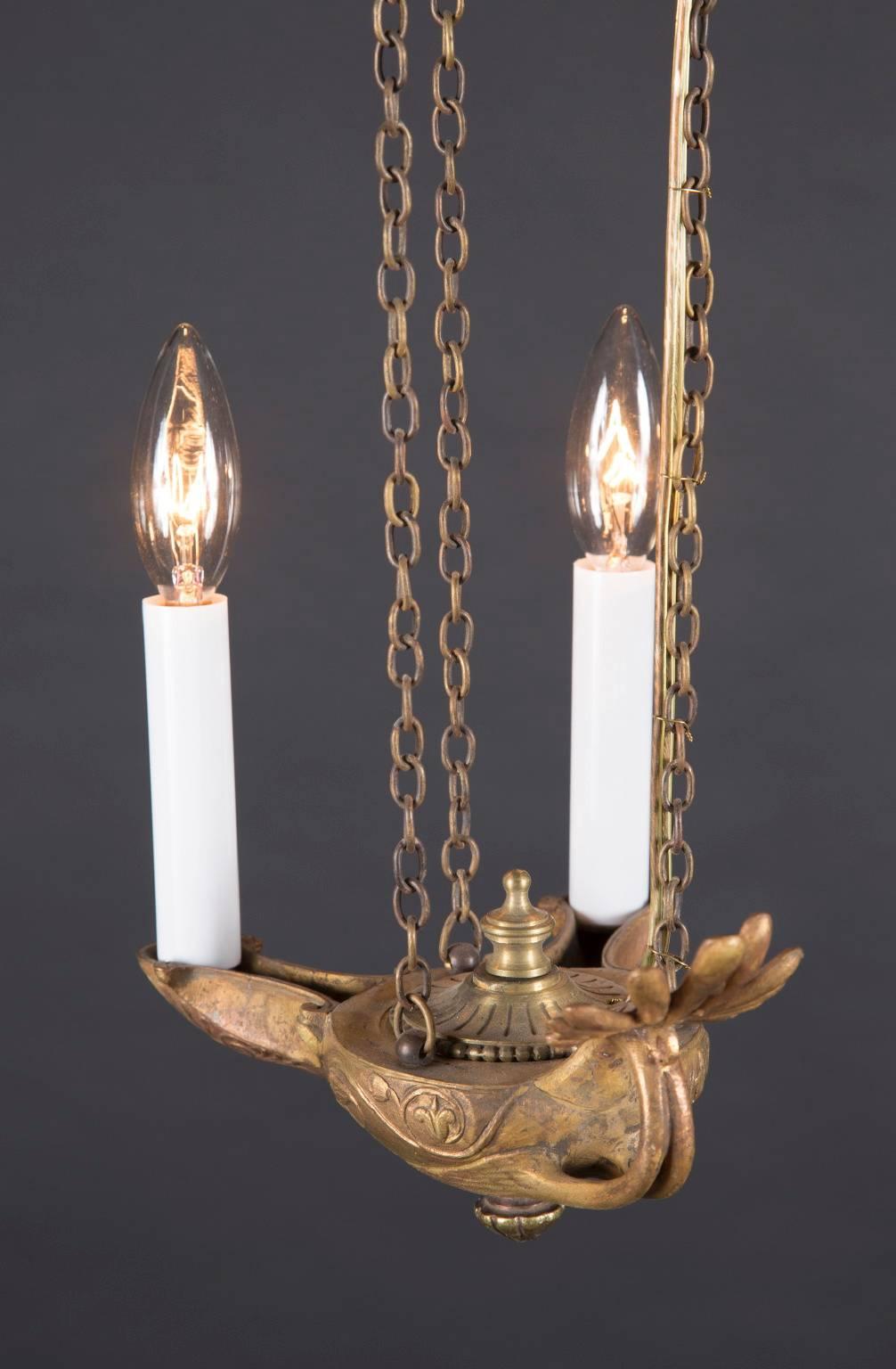 Pair of Wired Empire Hanging Oil Lamps, French 19th Century In Excellent Condition For Sale In New Orleans, LA