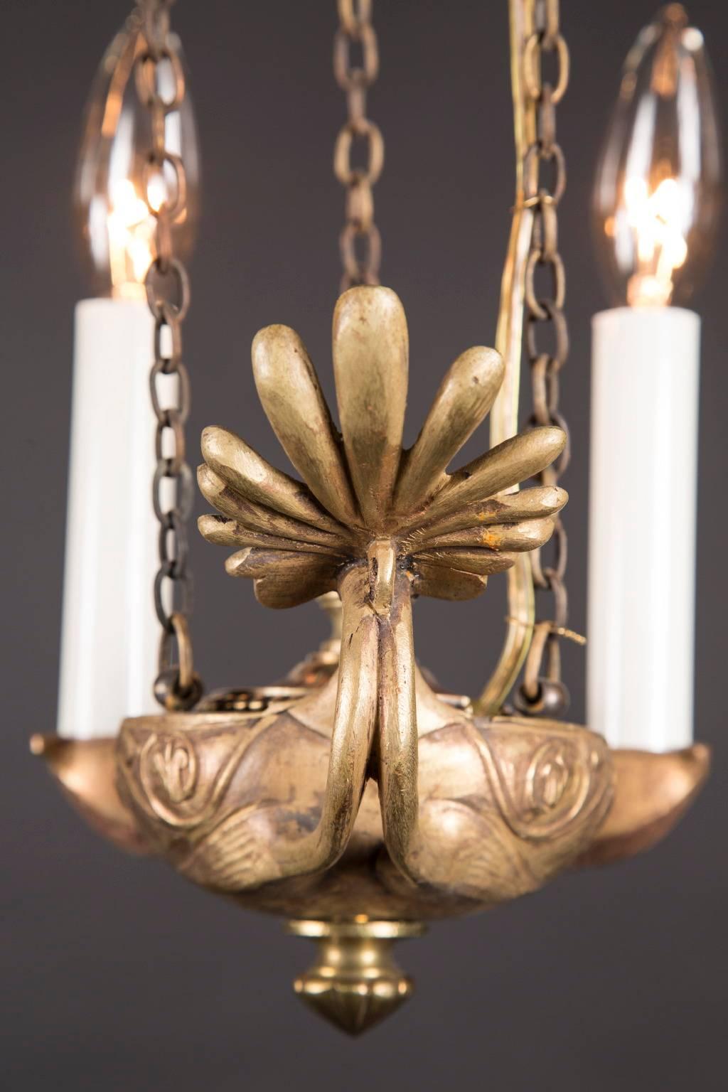 Bronze Pair of Wired Empire Hanging Oil Lamps, French 19th Century For Sale