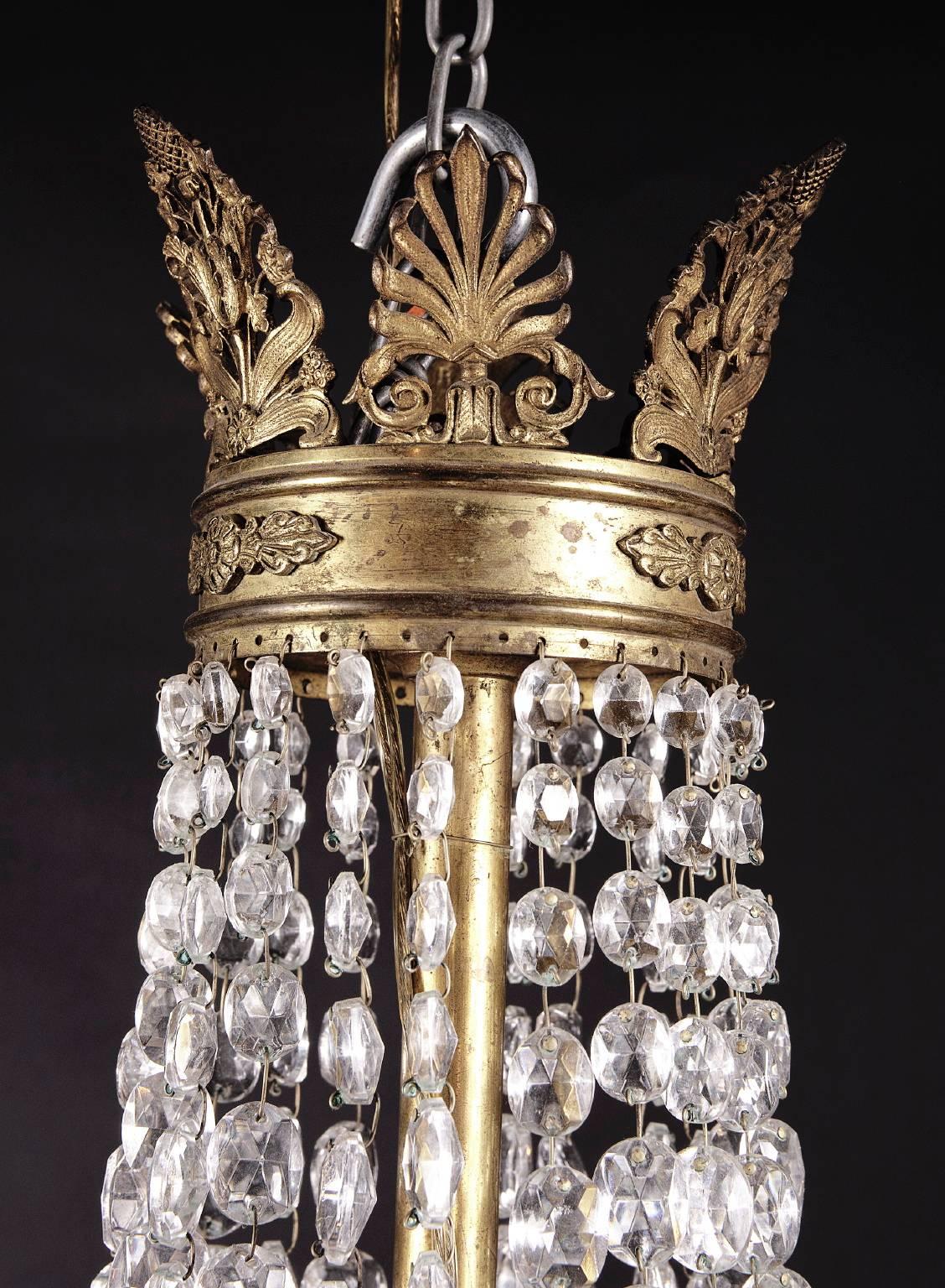 French Small Bronze and Crystal Empire Chandelier, Late 19th Century  For Sale