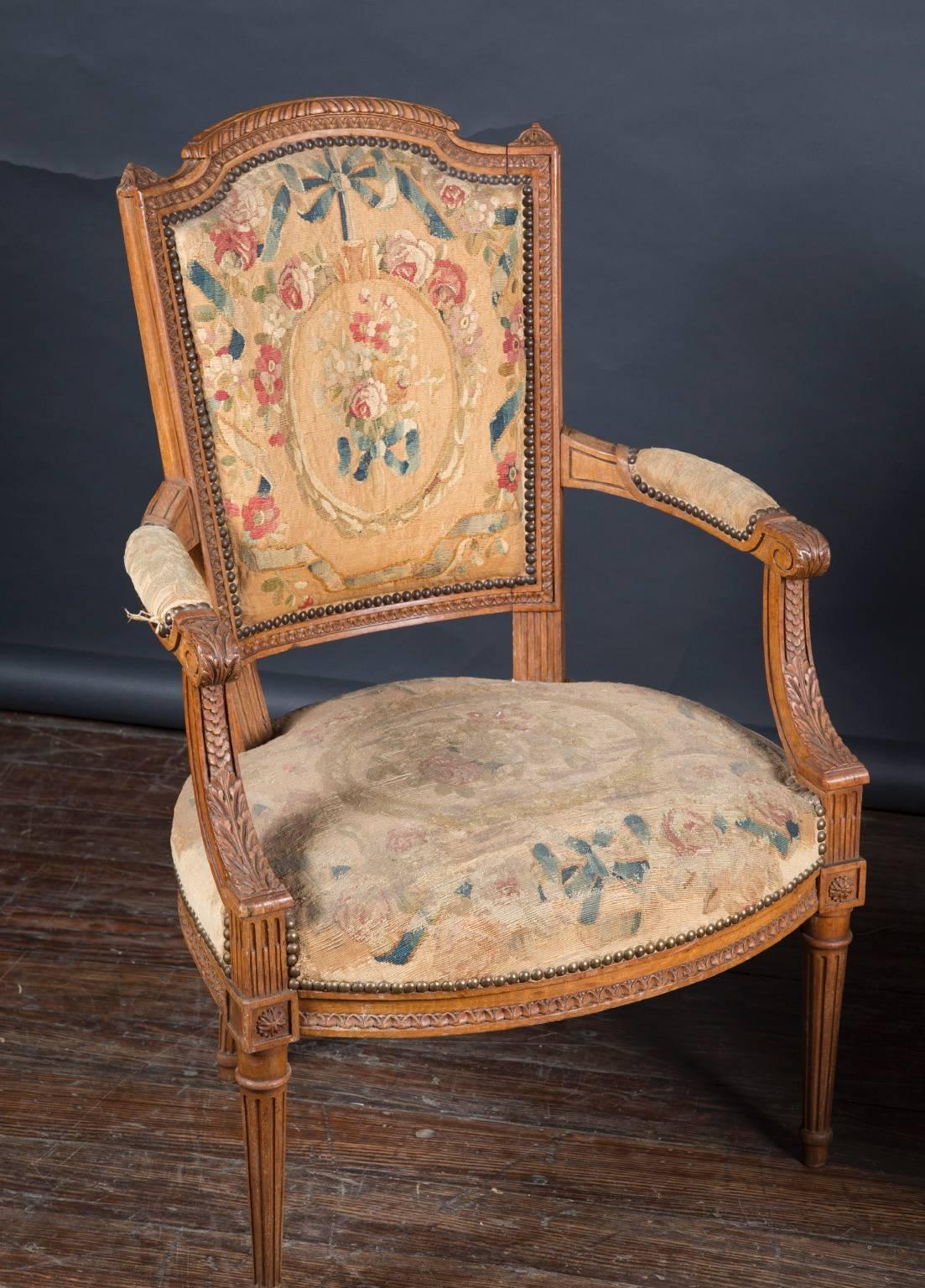 French Pair of 19th century Louis XVI Walnut Armchairs with Original Petit-Point For Sale