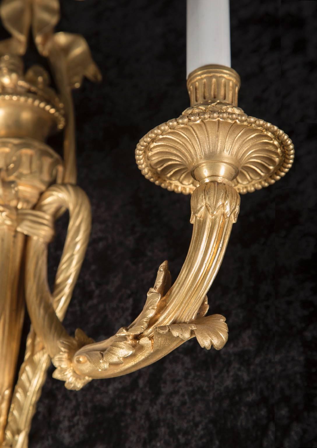 Pair of 19th Century Louis XVI Bronze Doré Sconces, French Antique In Excellent Condition For Sale In New Orleans, LA