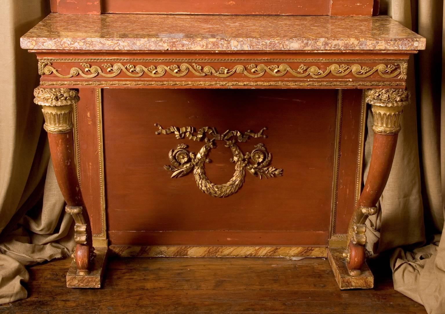 Gold Leaf Unique Italian Empire Console with Matching Mirror Circa 1830 For Sale