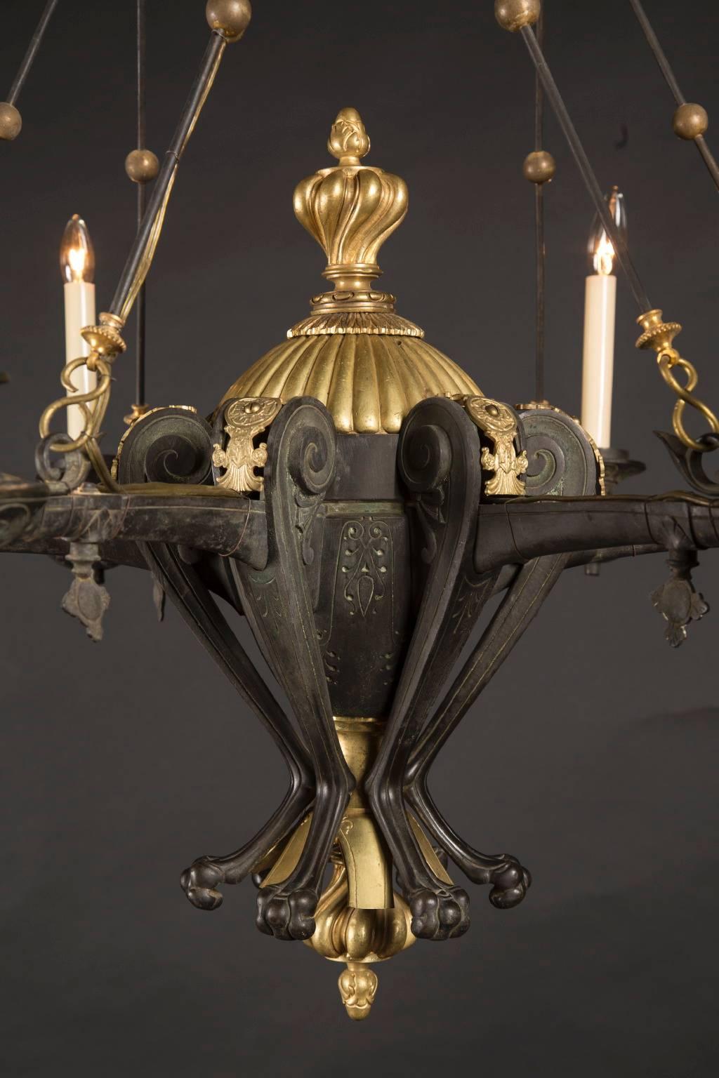 French 19th Century Patinated and Burnished Bronze Chandelier In Excellent Condition For Sale In New Orleans, LA