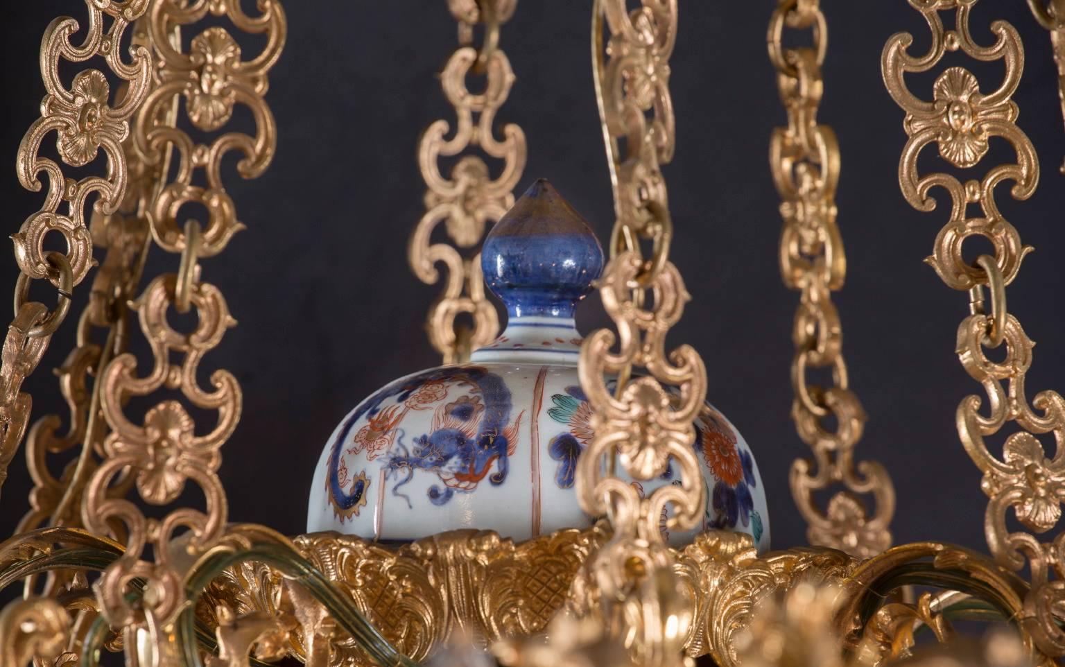 Antique Bronze and Imari Porcelain Chandelier Covered in Gold 2